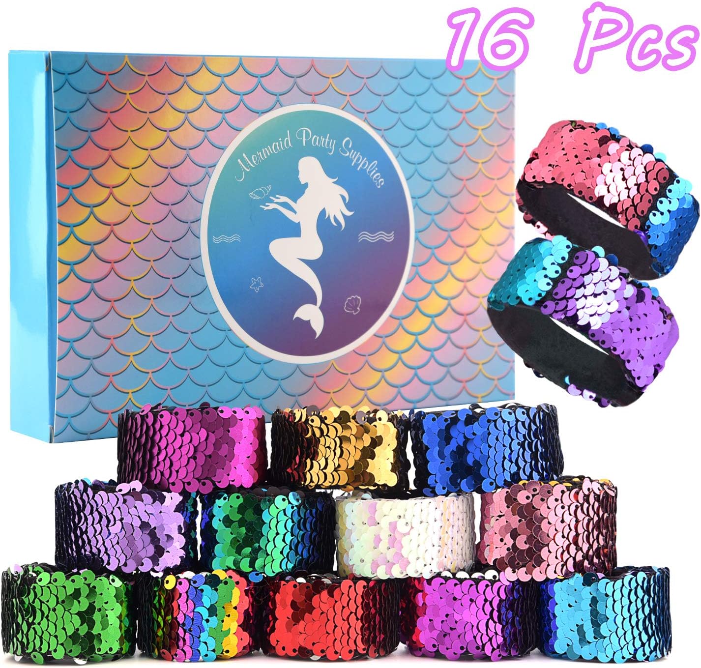 KUUQA 16 Pcs Magic Sequins The Mermaid Bracelets 2-Color Sequin Reversible Glitter Slap Bracelets Charms Wristband for Kids Little Mermaid Birthday Party Favors Bags Supplies (Random Colors)
