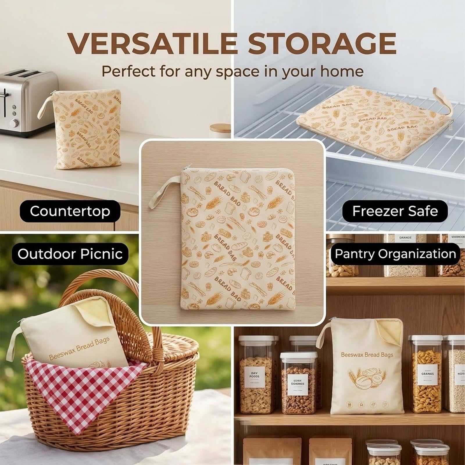 2er Set XL Beeswax Bread Bag, Sacs à Pain Cire d'Abeille Réutilisables pour Pain Maison, Sac à Pain en Lin et Coton avec Fermeture L-Zip pour Fraîcheur & Congélation