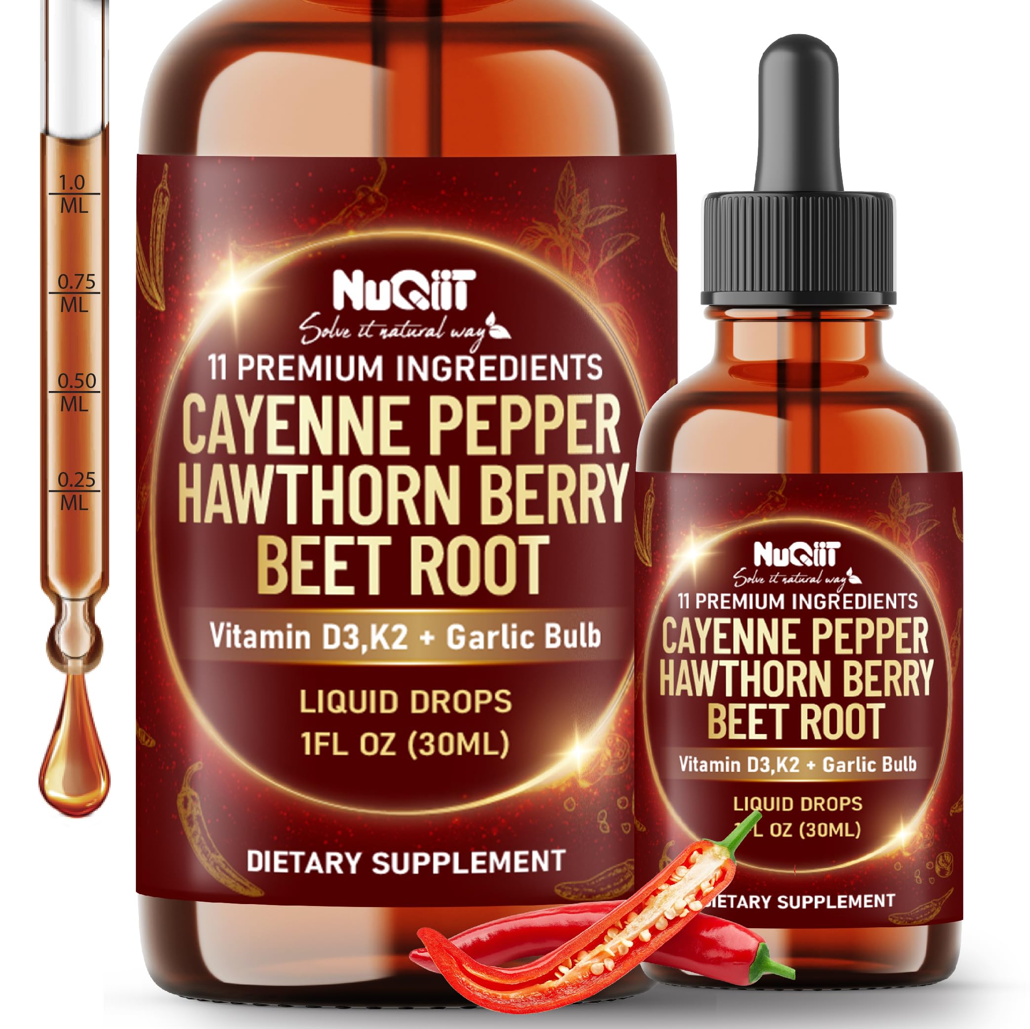 11in1 Cayenne Pepper Liquid Drops with Hawthorn Berry, Beet Root, Turmeric, Ginger and More - 30ml Liquid Drops for 30Days