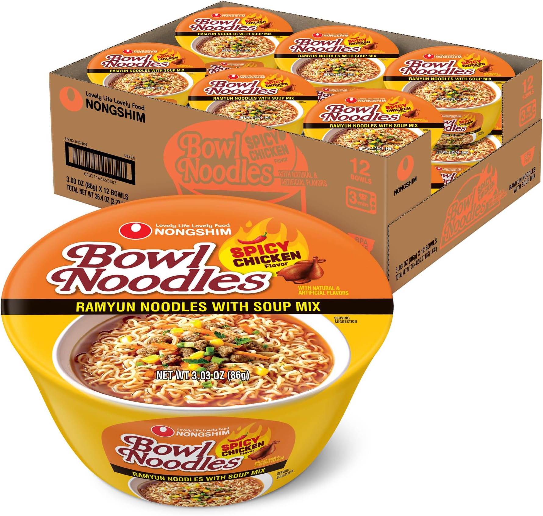 Spicy Chicken Noodle Soup Instant Ramen, 12 Pack, Korean Microwaveable Bowl Soup Mix, Ramyun with Veggies, Sabor a Pollo