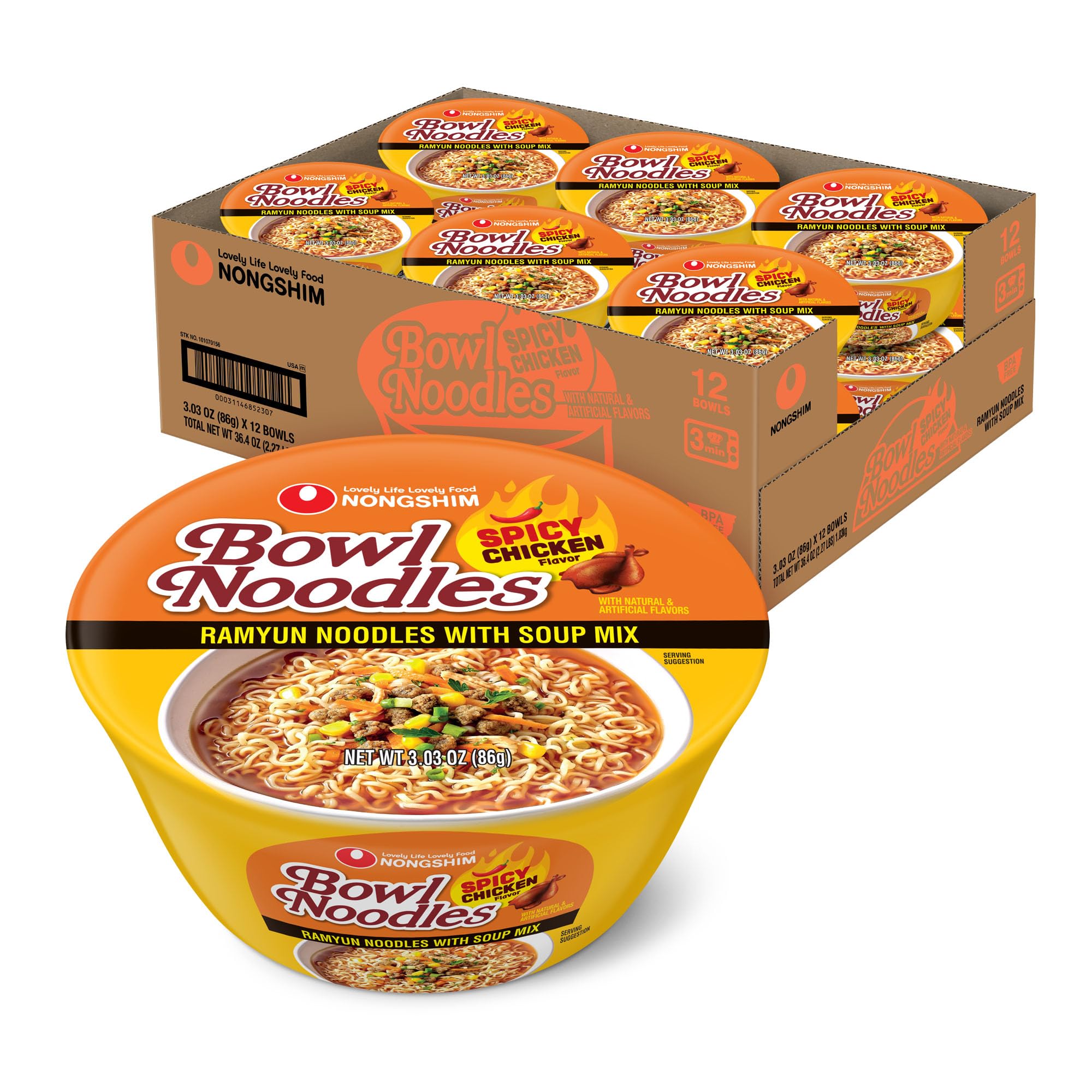 Nongshim Bowl Noodle Soup, Spicy Chicken, 3.03 Ounce (Pack of 12)