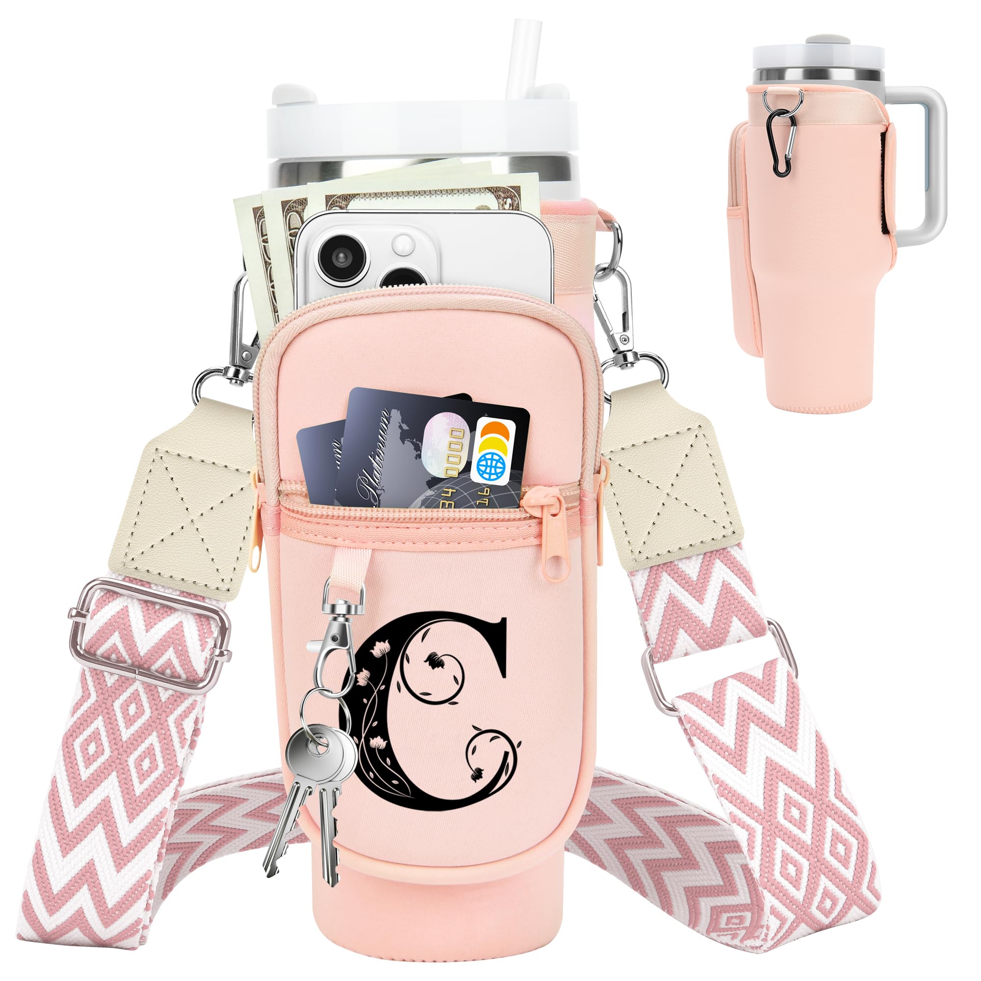 Initial Water Bottle Holder with Strap for Stanley Cup 40 oz Tumbler