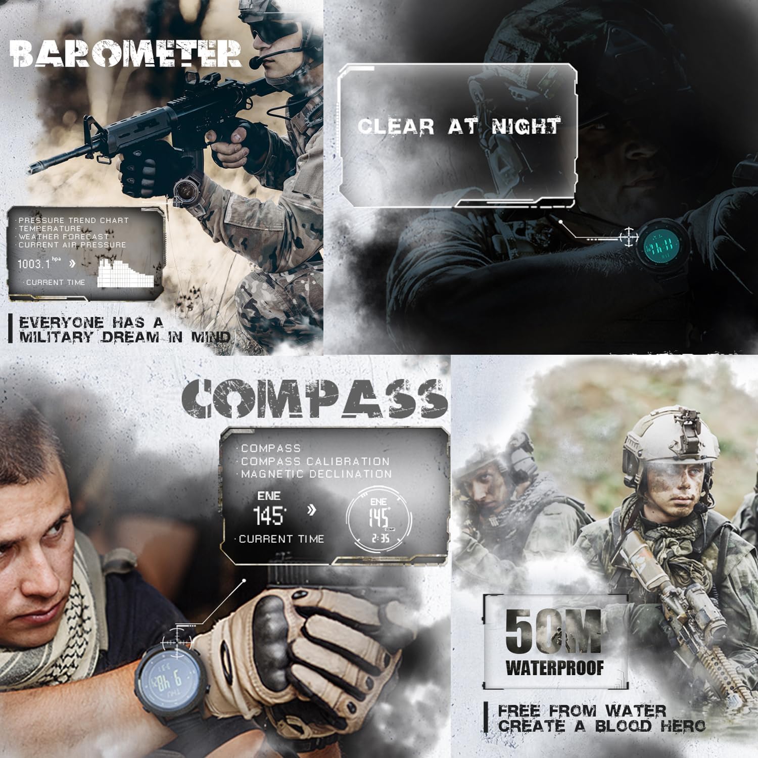 Apache Orologio tattico da uomo, orologio digitale militare per esterni, con bussola, altimetro, barometro, termometro, previsioni meteo, contapassi, impermeabile fino a 50 m, cassa in metallo