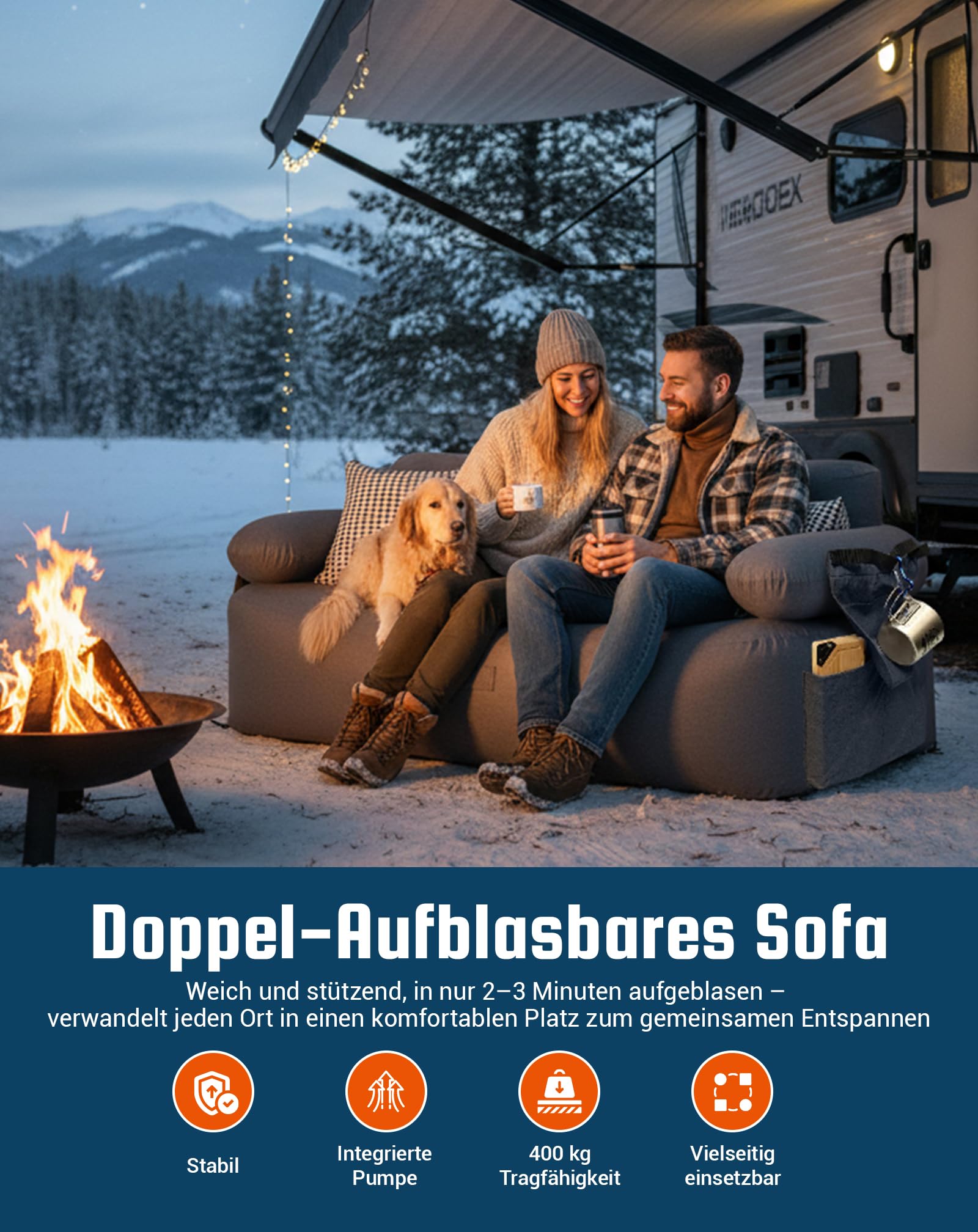KingCamp Aufblasbares Sofa Camping mit Elektropumpe, 400 kg Belastbar Luftsofa Outdoor, Tragbarer Doppel Camping Couch Aufblasbar, Wasserdichtes Luft Sofa für 2 Personen, Reisen Strand Garten, Grau