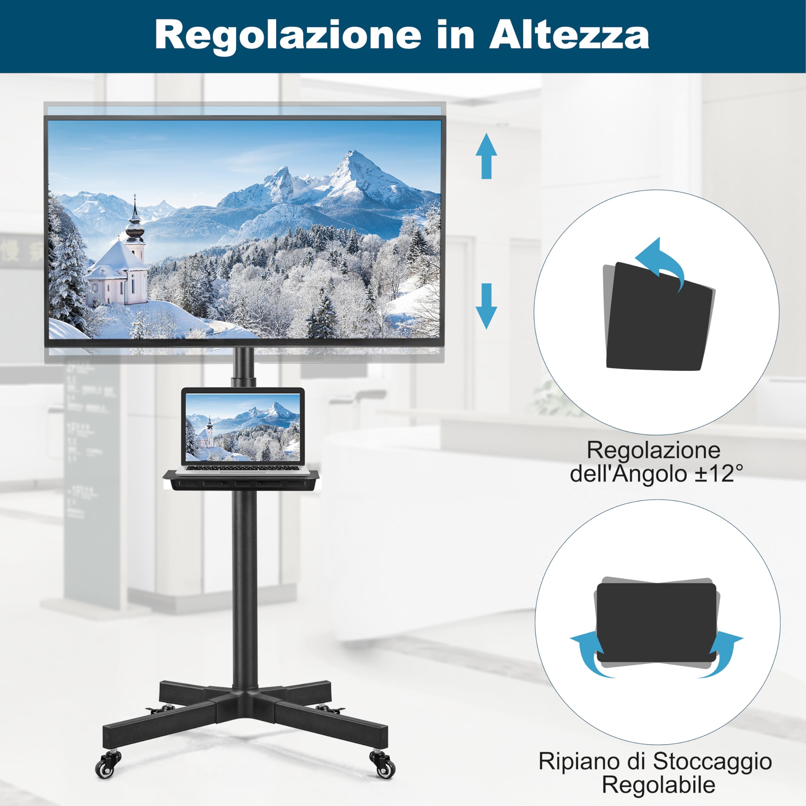 Supporto TV da Pavimento Staffa TV con Ruote per Schermi Plasma LCD LED da 23-60 Pollici Fino a 25 kg Vesa 400 X 400 mm Altezza e Angolo Regolabili