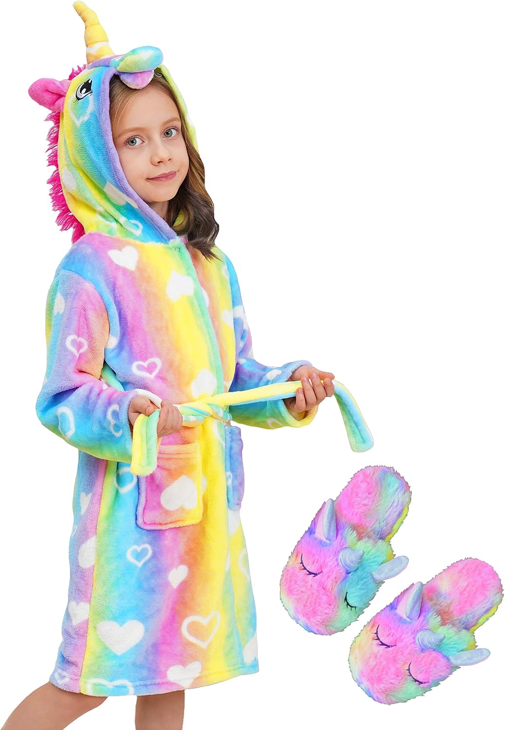 Unicorn Hooded Bathrobe Sleepwear Matching Slippers Girls Gifts