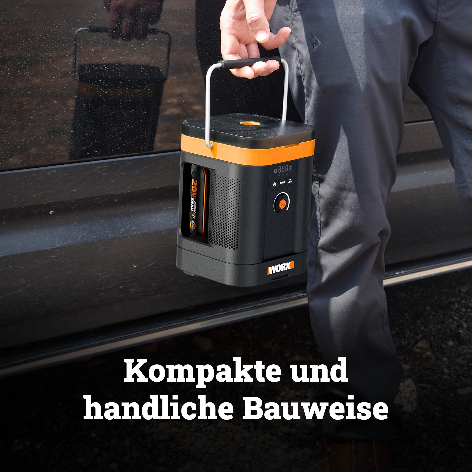 WORX WX098.9 Akku-Kompressor 20V, Multifunktions-Luftpumpe mit Hochdruck & Hochvolumen, Digitaldisplay, LED-Licht, max. 10,3 bar / 150 PSI, PowerShare kompatibel, ohne Akku & Ladegerät