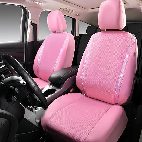 Miniatura 4 de CAR PASS - Fundas de asiento de cuero sintético rosa impermeable con diamantes brillantes, para dos asientos delanteros, ajuste universal, con tiras