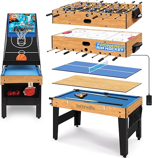 SereneLife 48" 6-in-1 Multi Game Table, Full-Size Indoor and Outdoor Arcade Sports Table with Pool, Air Hockey, Foosball, Basketball, Table Tennis, Dining Table, for Family, Kids, Adults