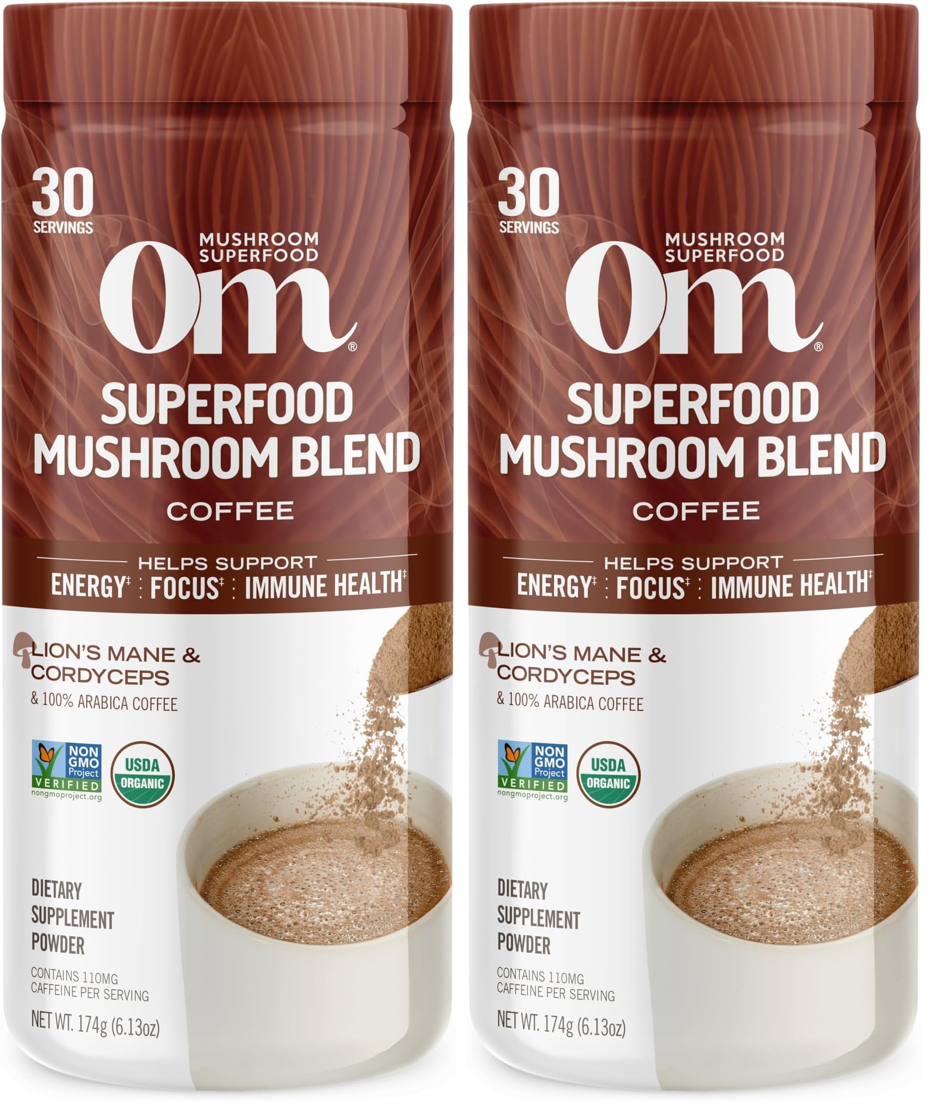 Om Mushroom Superfood Coffee Blend Mushroom Powder, 6.24 Ounce Canister, 30 Servings, Organic Arabica Beans, Lion's Mane, Cordyceps, Turkey Tail, Ginkgo Biloba, Supports Energy and Focus (Pack of 2)