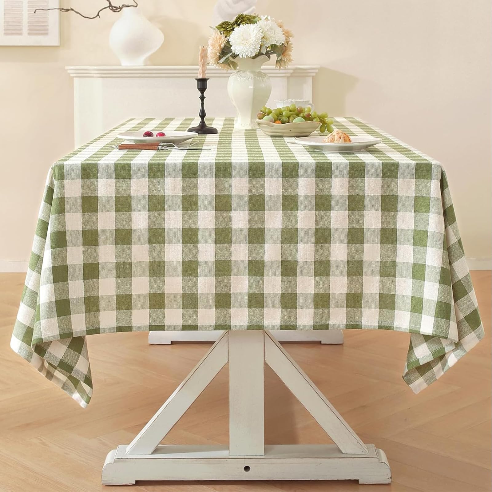 Photo 1 of Laolitou Spring Green Gingham Tablecloth Rectangle Tables Checkered Buffalo Plaid Table Cloth Cotton Linen Farmhouse Tablecloths Washable Wrinkle Free for Picnic Kitchen, 60"x106" 8-10 Seats