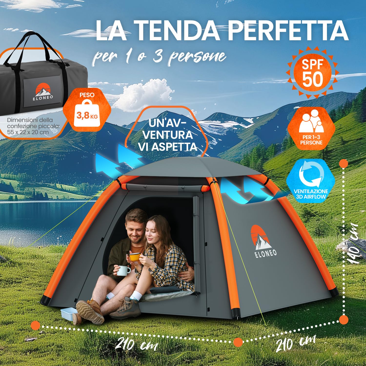 ELONEO tenda gonfiabile per 1-4 persone con tettoia e pompa ad aria, tenda da campeggio impermeabile, tenda ad aria ultraleggera, inflatable tent, tenda glamping con luce LED gratuita