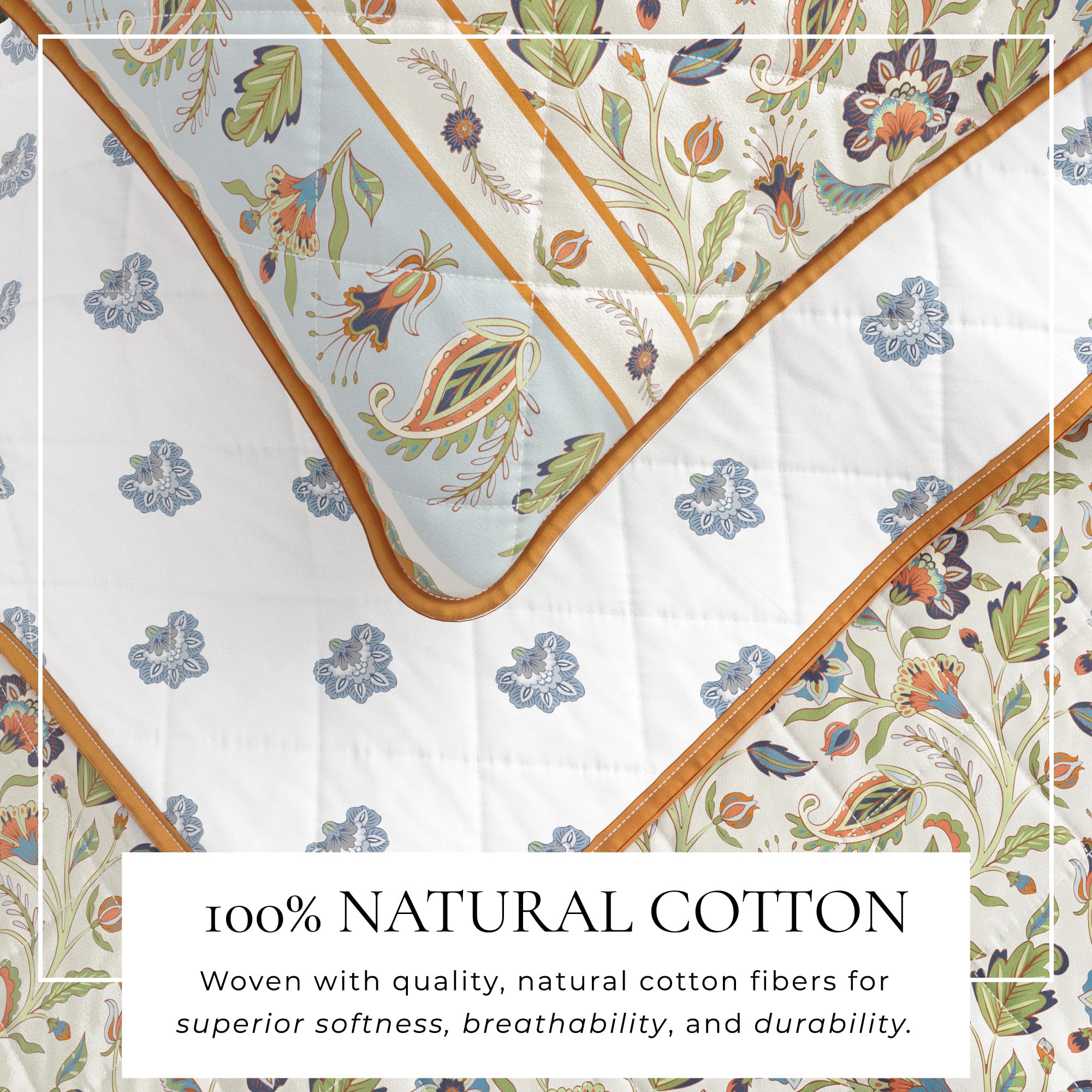 Great Bay Home Twin/Twin XL 100% Cotton Quilt Set with Shams - Boho Ivory Floral Prints - Lightweight, Breathable, All-Season Bedding - 2-Piece Twin Bed Set (Regal Garden - Ivory)