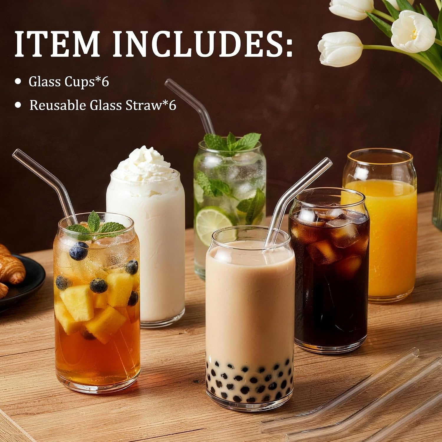 Korser Drinking Glasses Set of 6, 17oz Highball Glass Cups with Glass Straws, Lead-Free Crystal Glassware, Glass Cups for Coffee, Beer, Whiskey, Cocktail,Mojito and Tom Collins, Soda, Tea, Water