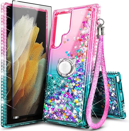 NGB Supremacy Funda compatible con Samsung Galaxy S22 Ultra con protector de pantalla (cobertura máxima, TPU flexible), soporte de anillocorrea de