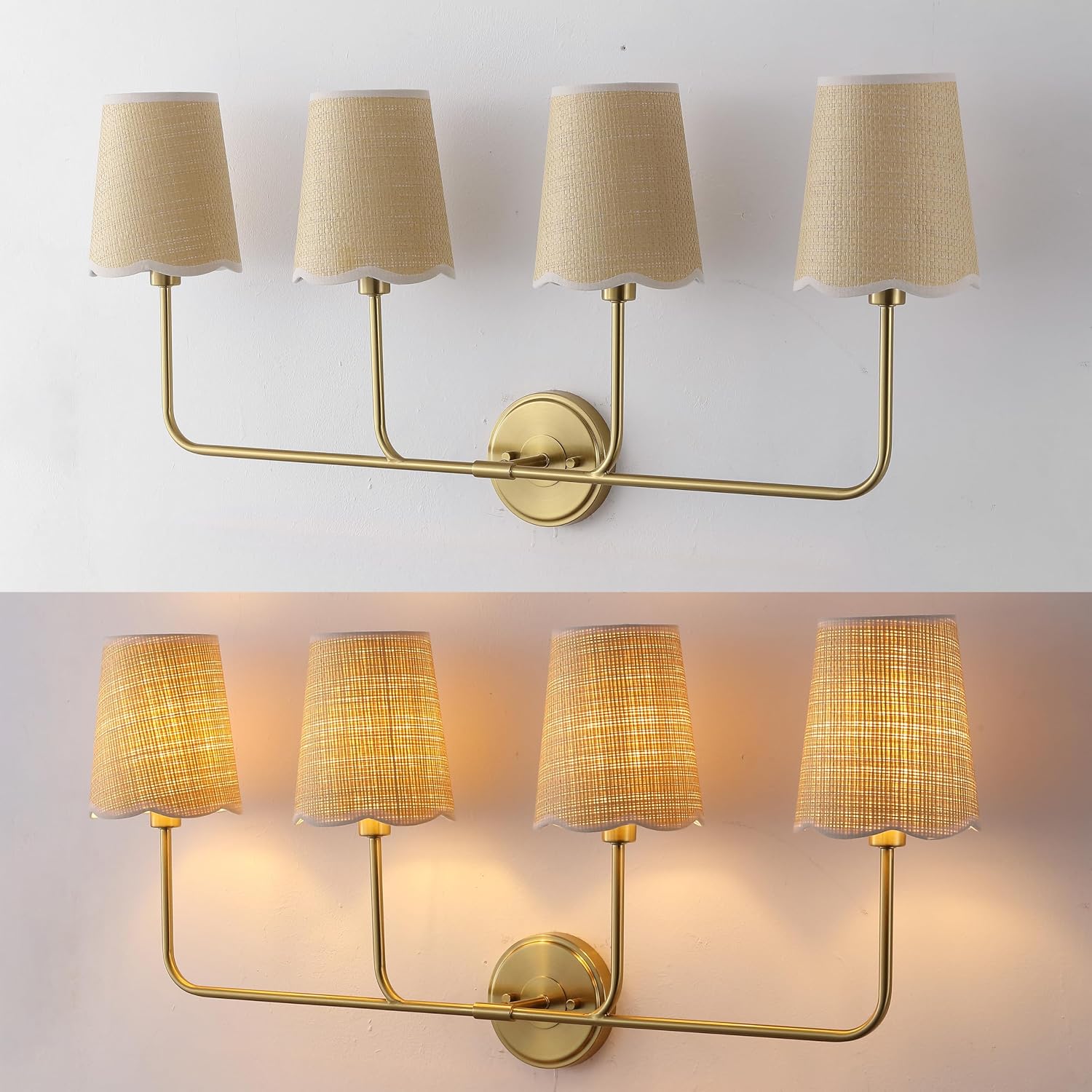 JONATHAN Y 36.5" Brown/White/Brass Gold LED Vanity Light, Traditional Wall Sconce Light, Scalloped Rope Fabric Shade for Bathroom Bedroom Hallway, LED Bulb Included (JYL1610A)