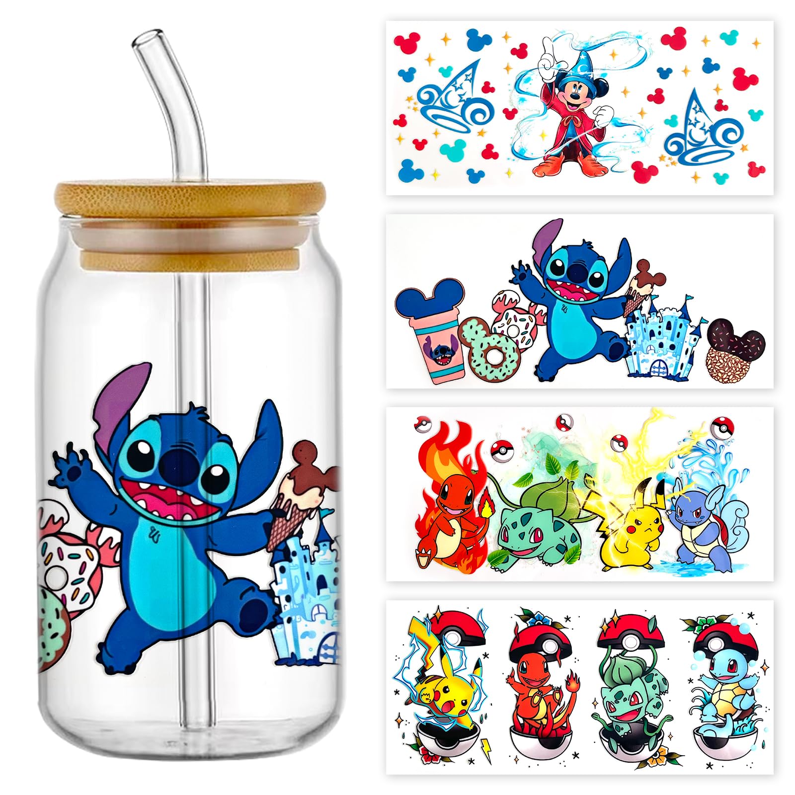 Cartoon UV DTF Cup Wrap Transfer Stickers for 16oz Glass Cups, Rub on Transfers for Crafts Cup Decal Stickers-4Sheets (Blue)