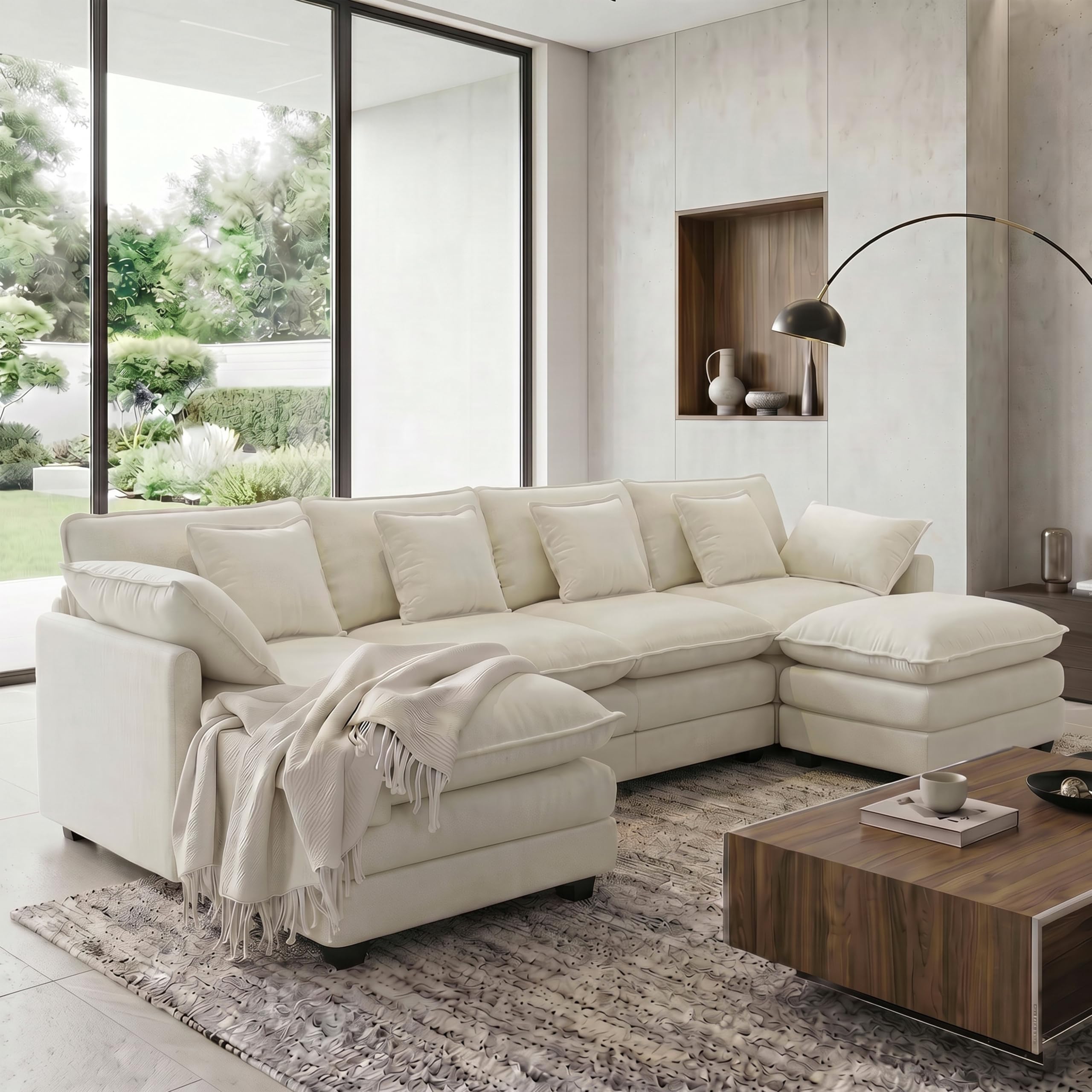 Urhanherry U-Form Cloud Sofa, Modulares Sektionssofa 6-Sitzer mit 2 Ottomanen, Modernes Sofa mit Dekokissen/Armlehnen, Atmungsaktivem Chenille-Stoff, U Sofa Couch für Wohnzimmer, Beige