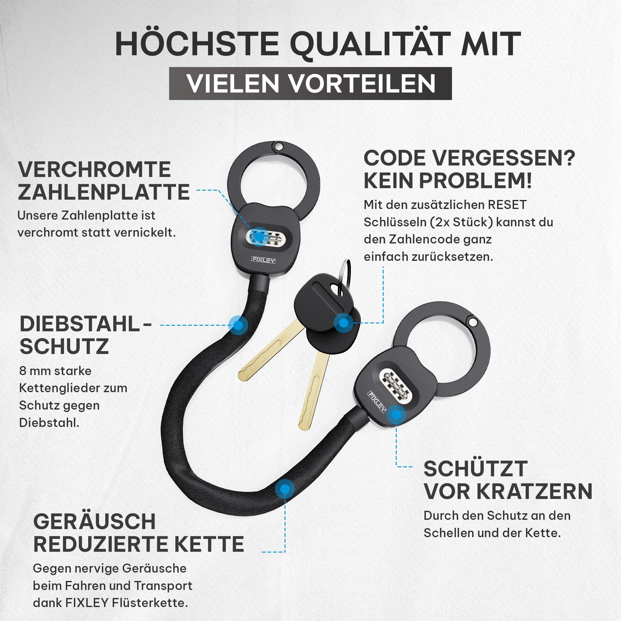 FIXKEY| 95cm e Scooter Schloss mit Zahlencode| Flüsterkette + Reset Schlüssel|2,2 KG gegen Diebstahl|Schloss für e Scooter |Fahrradschloss |Handschellenschloss Sport & Freizeit