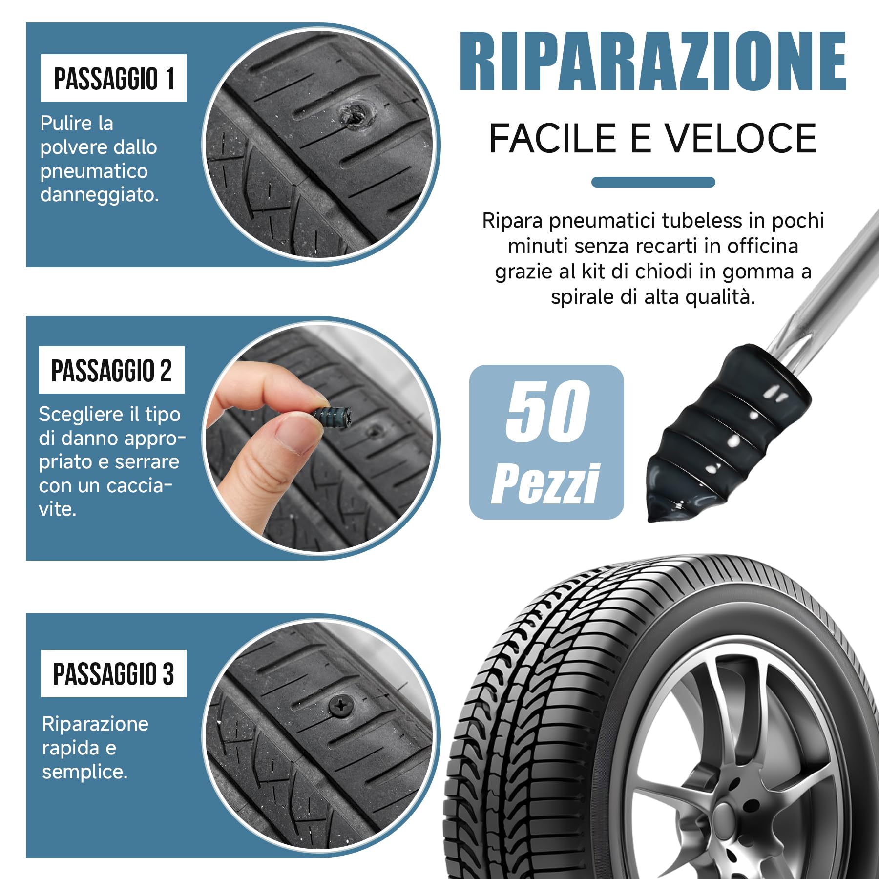 Kit 50 Pezzi Chiodi per Riparazione Pneumatici Sottovuoto – Chiodi in Gomma a Spirale di Alta Qualità con Cacciavite Inclusi, Riparazione Rapida e Sicura per Auto, Moto, Camion e Bici (25S + 25L)
