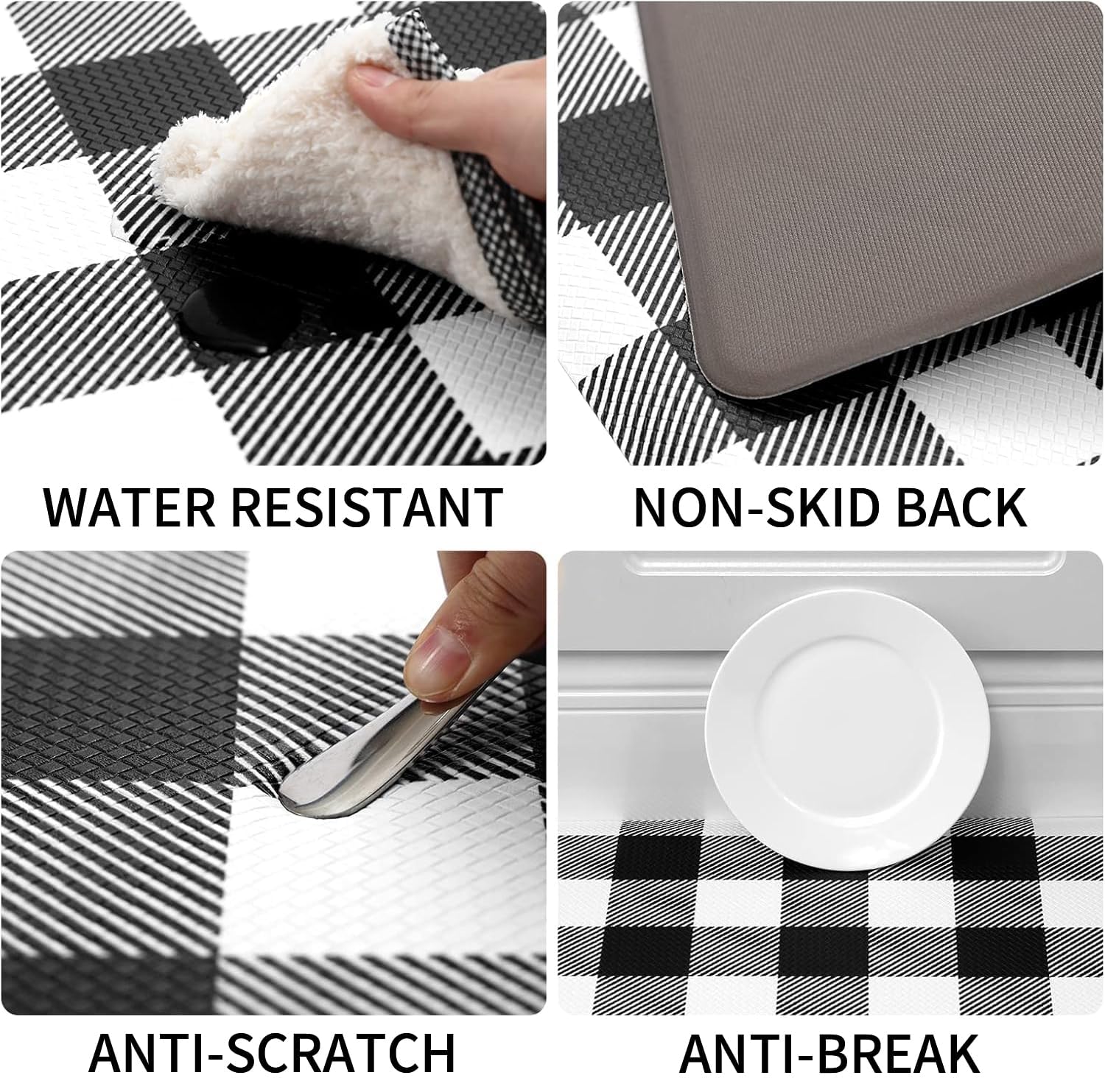 MAYHMYO Tapete de cocina antifatiga, acolchado, a cuadros en blanco y negro, tapete de cocina antideslizante e impermeable, ergonómico, cómodo, tapete de escritorio para suelo, hogar, oficina,