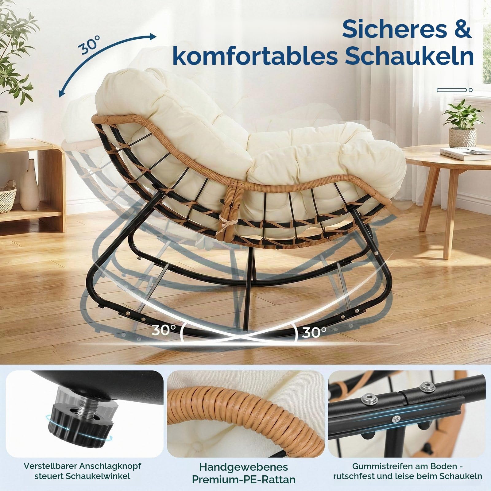 LIFERUN Schaukelstuhl mit Rattan, Ei-Schaukelstuhl, Belastung 150 kg, Beige | Schaukelsessel Oversized, mit dickem Abnehmbar Polster, Metallrahmen, Loungesessel für Garten Balkon Wohnzimmer