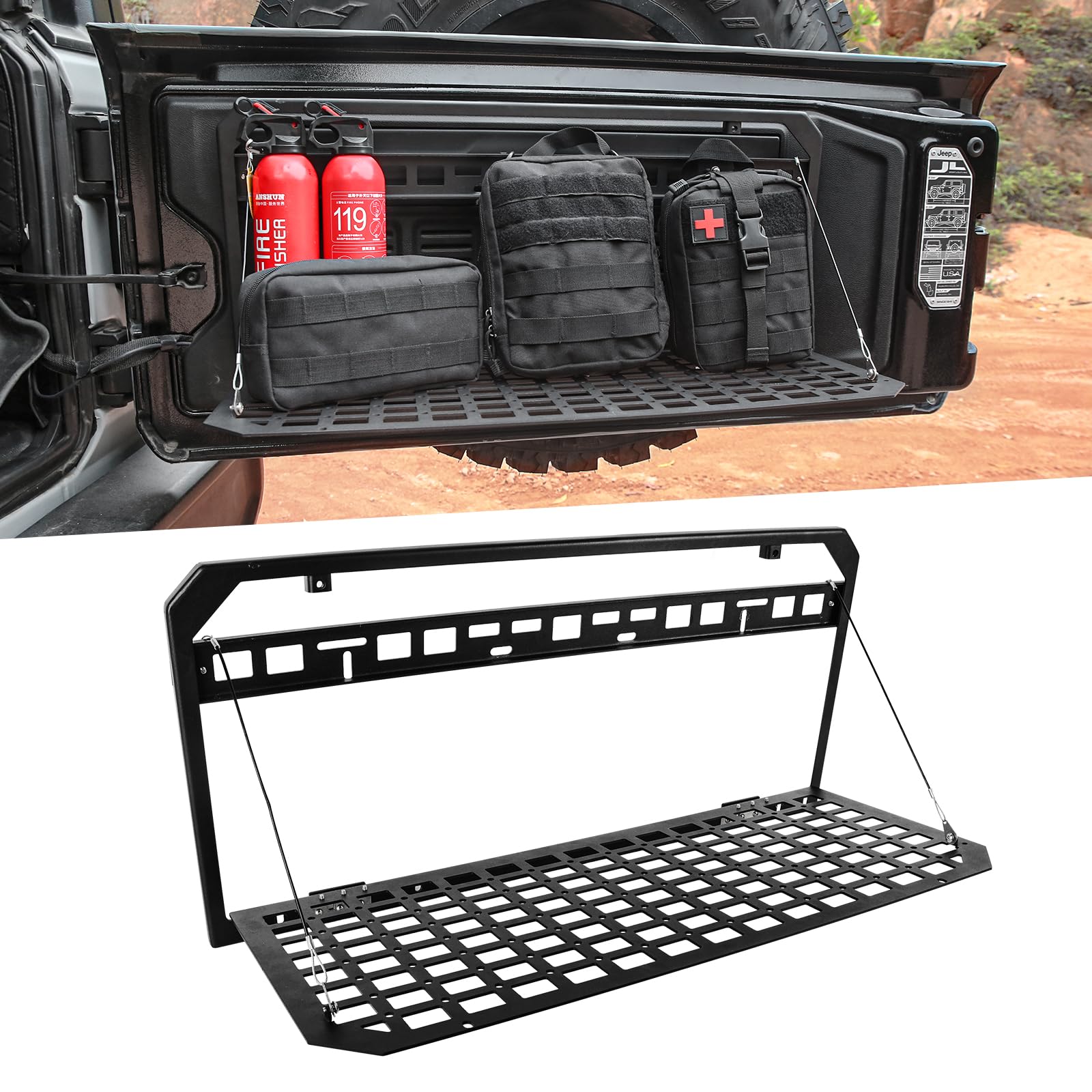 Z8 1 Pack JK Aluminium Alloy Tailgate Tactical Molle Panel,JK & JL Tailgate Table Foldable Rear Cargo Shelf Compatible with Jeep Wrangler 2007-2018 JK JKU & 2018-2022 JL JLU