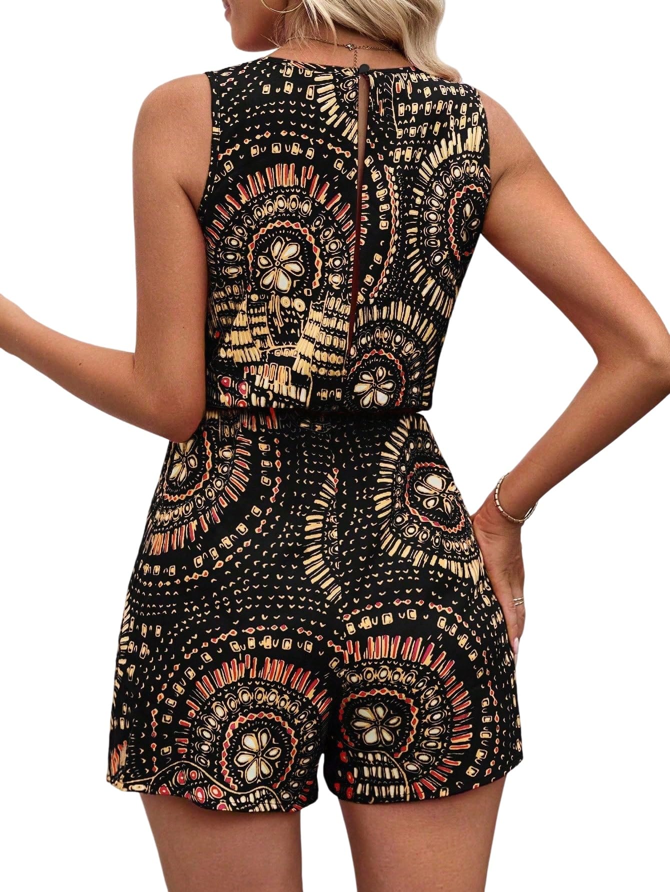GORGLITTER Damen Boho Jumpsuit Kurz Overall Sommer Blumenmuster Weite Shorts Romper Mit Kordelzug Rundhals Urlaub Playsuit Strampler