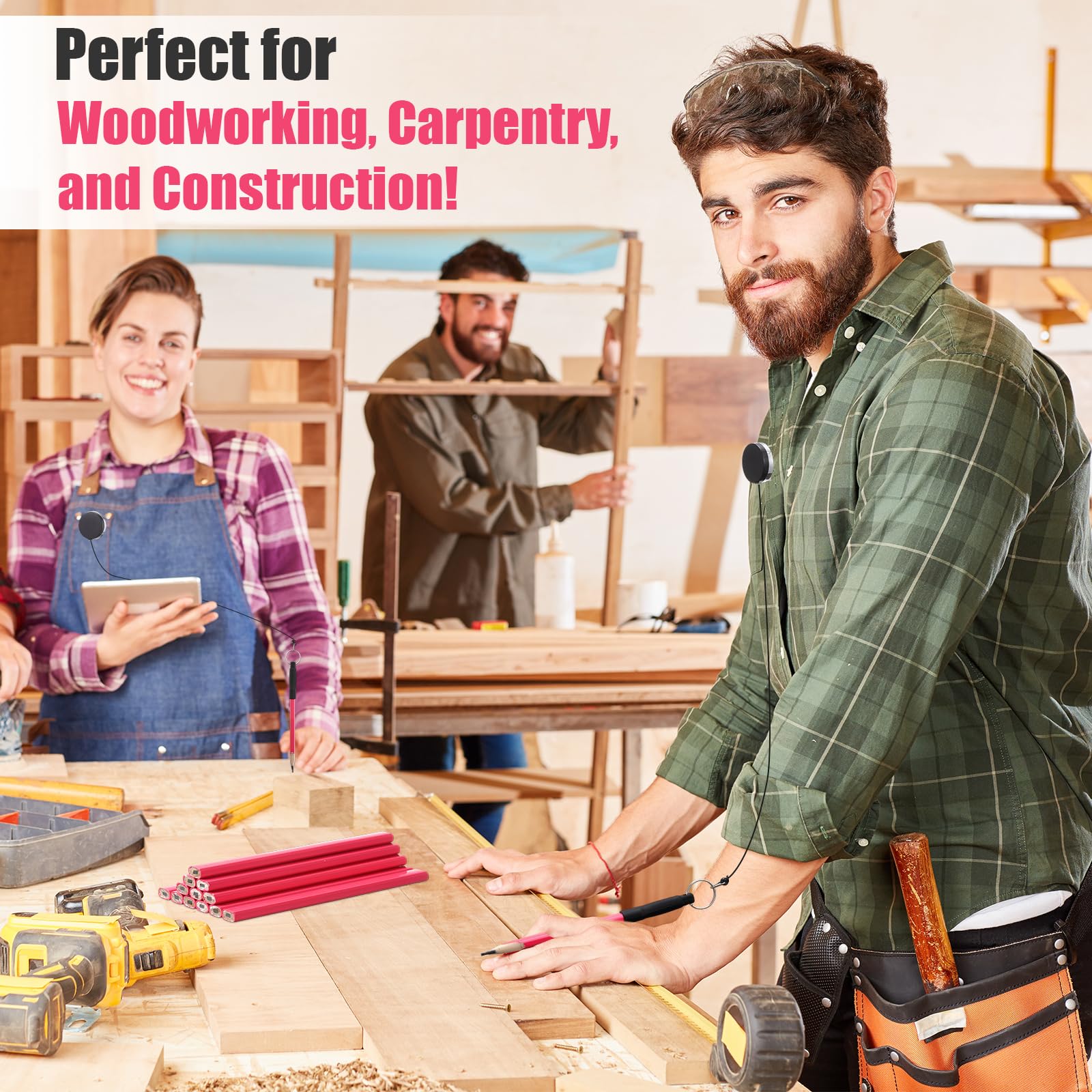 Eaasty 14 Pcs 7-Inch Carpenter Pencils Flat Octagonal Hard Black Woodworking Pencils Heavy Duty Construction Pens with Sharpener and Retractable Pull Pen Holder for Contractor Carpentry Marking — Amazon image 6