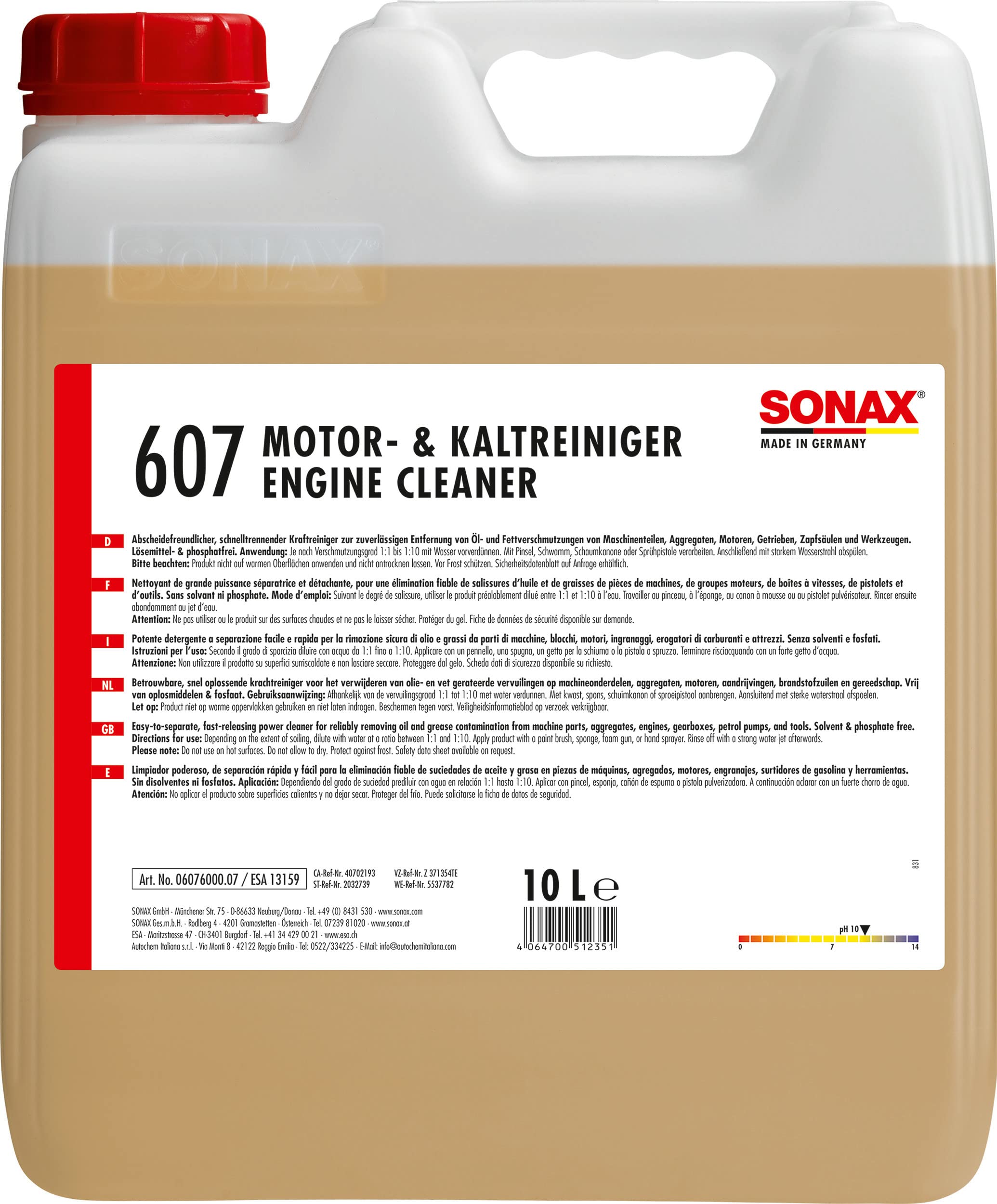 SONAX Motor+KaltReiniger (10 Liter) beseitigt schnell und zuverlässig alle Öl- und Fettverschmutzungen von Motoren, Maschinenteilen, Aggregaten und Werkzeugen | Art-Nr. 06076000