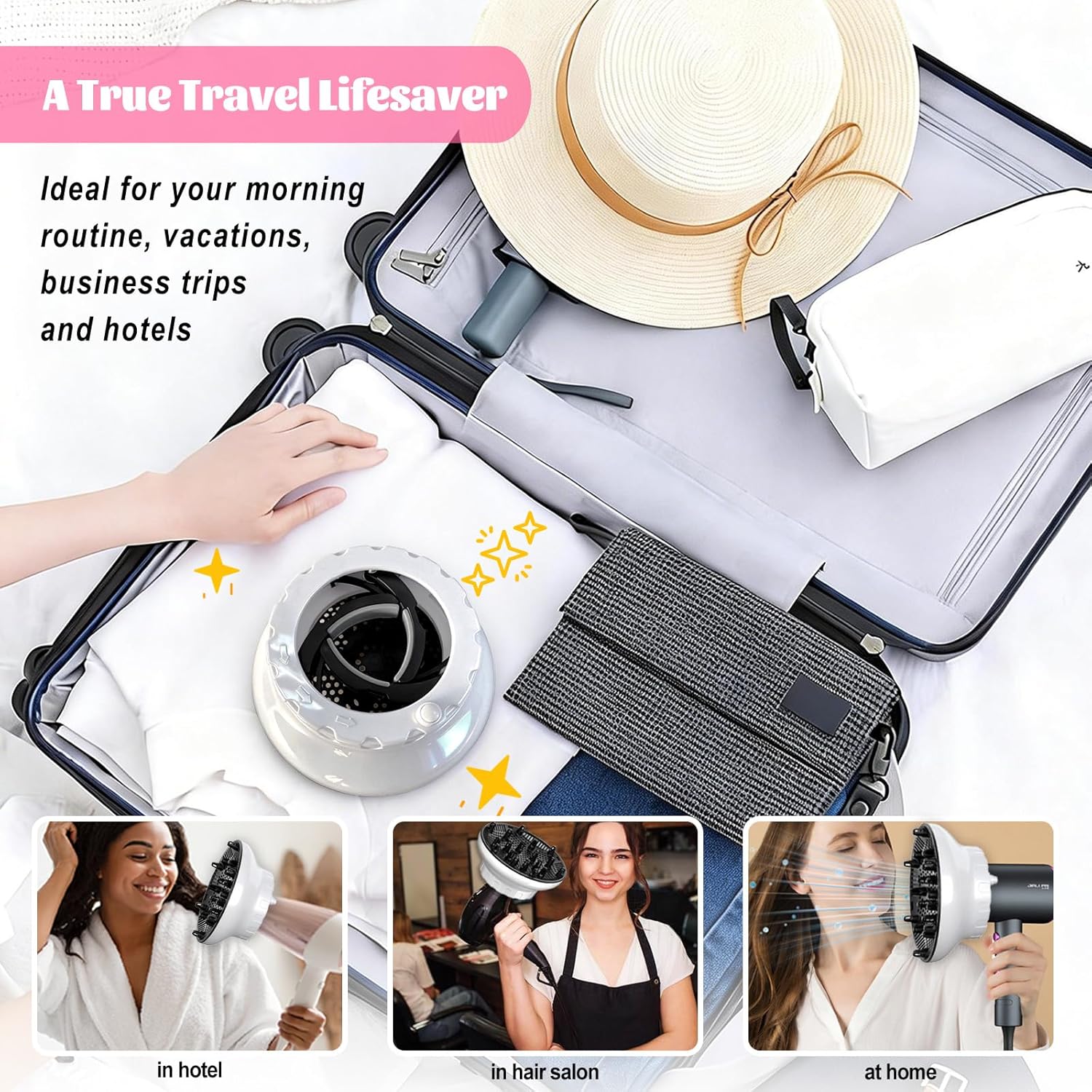 Universal Hair Diffuser for 1.4-3.1 Blow Dryers, Diffuser Hair Dryer Attachment, Professional Hair Diffuser for Curly Wavy Long Thick Hair, Reduces Frizz & Defines Curls, Home/Travel Use, White