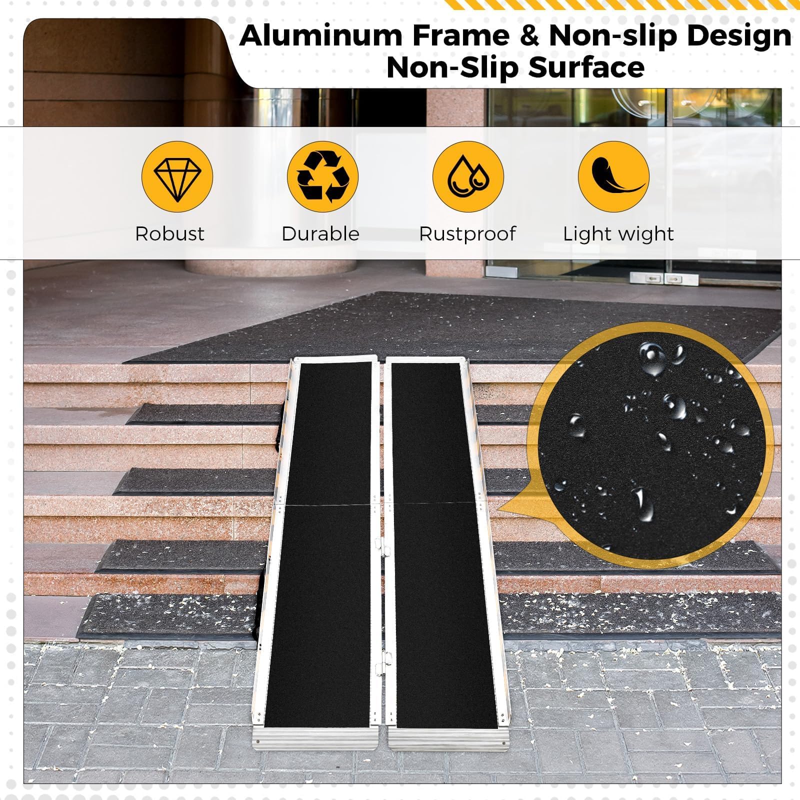 Garvee Rampa Plegable de Aluminio para Silla de Ruedas, Portátil Antideslizante con Barreras de Seguridad y Tiras Reflectantes, para Escalones, Bordillos y Puertas (182 x 74CM)