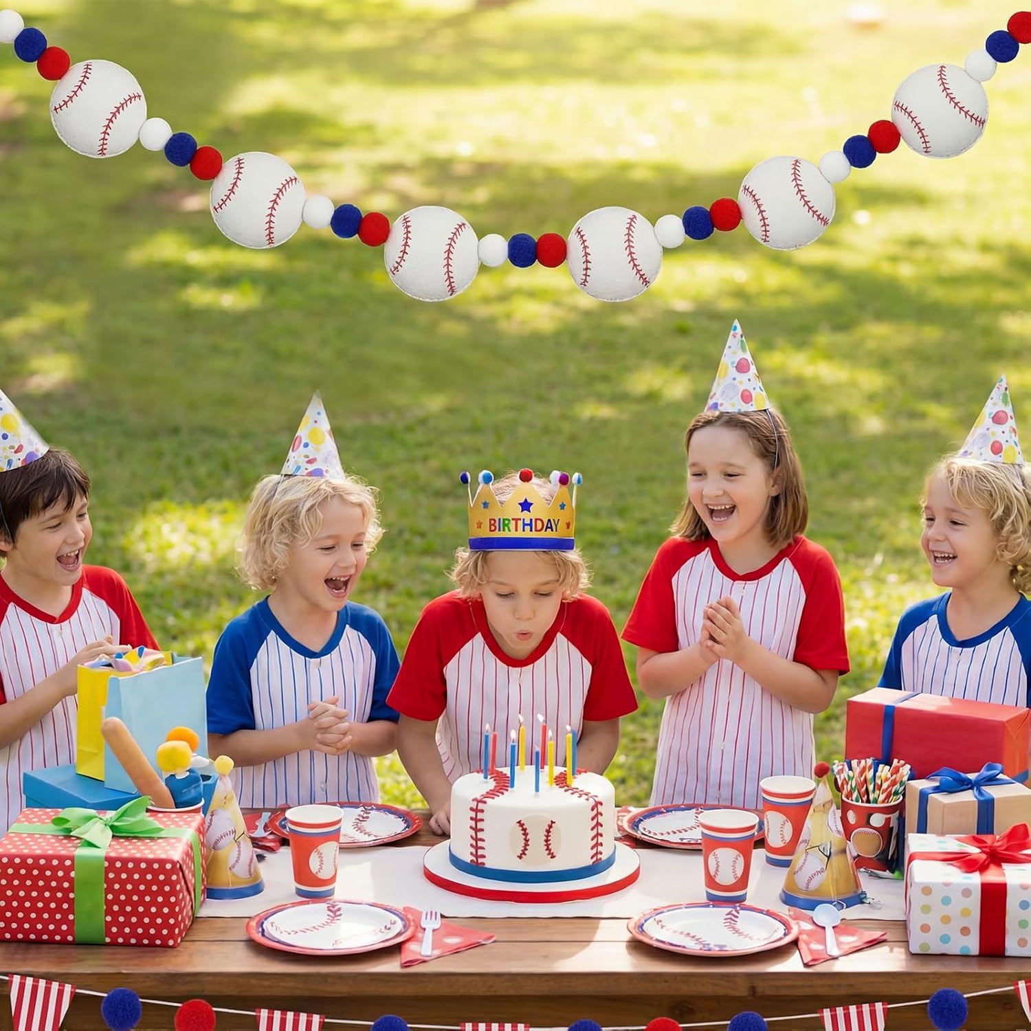Moukeren Baseball Felt Garland Party Decoration 8.2 ft Red White Blue Pom Banner Include 6 Pcs 3.9 Inch Felt Baseballs and Pompoms for Sports Theme Birthday Party Supplies Baby Shower Decor