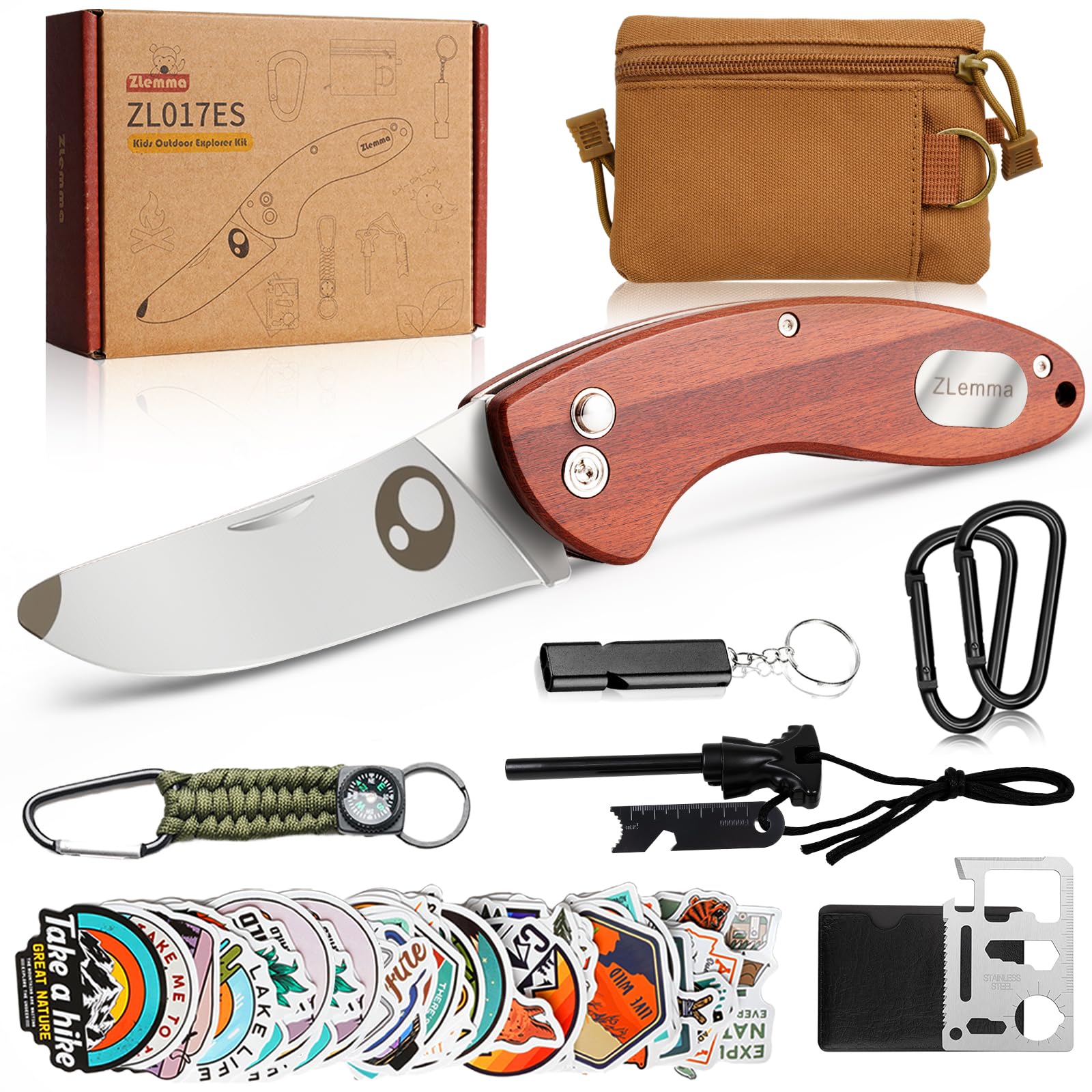 Kit di sopravvivenza per bambini all'aperto con coltello tascabile, multitool, avviatore di fuoco, bussola, paracord, fischietto, moschettoni e borsa impermeabile – Set avventura da campeggio per