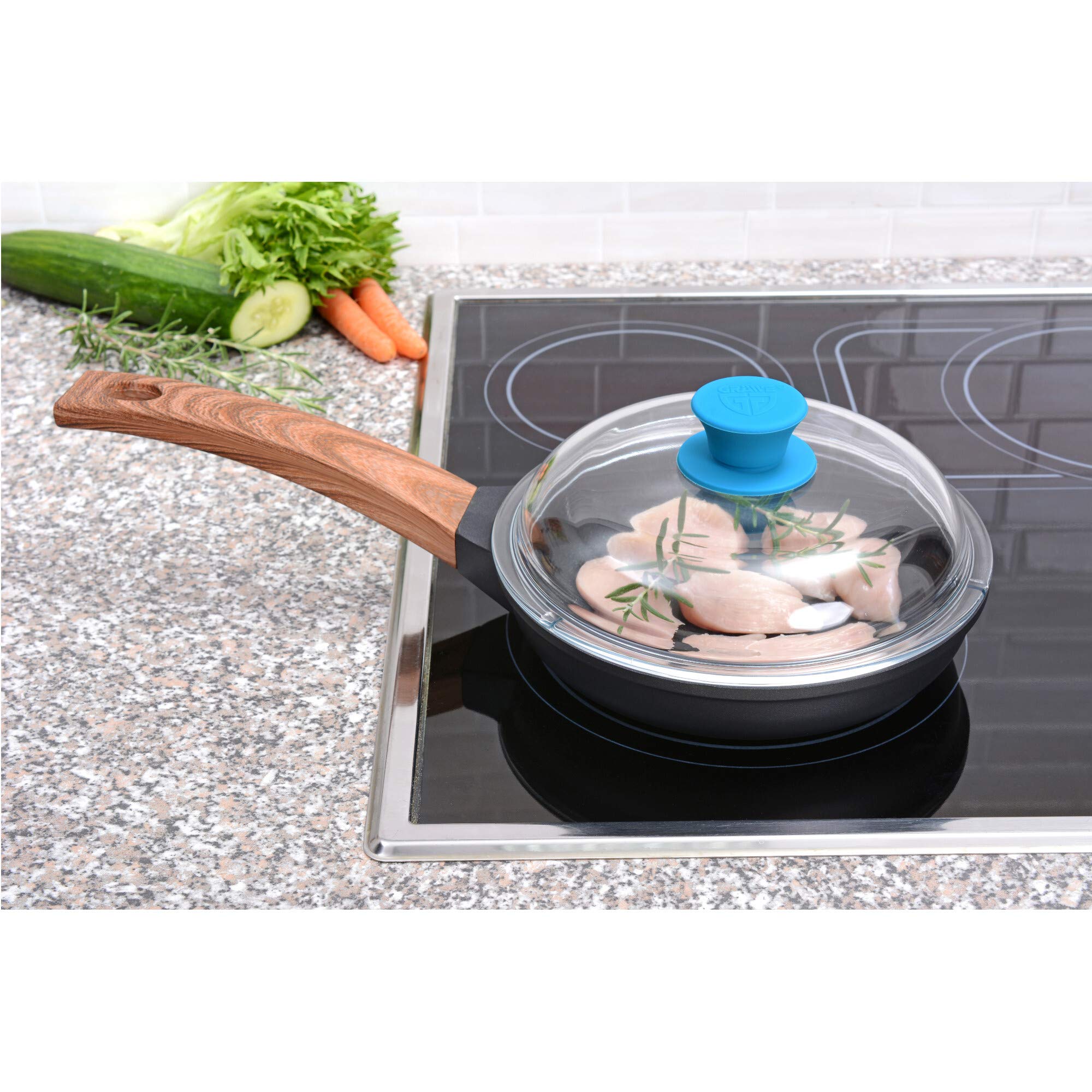 Couvercle En Verre Pour Poêle En Fer GRÄWE 28 Cm - Bord Acier Inox, Bombé, Compatible Plusieurs Modèles