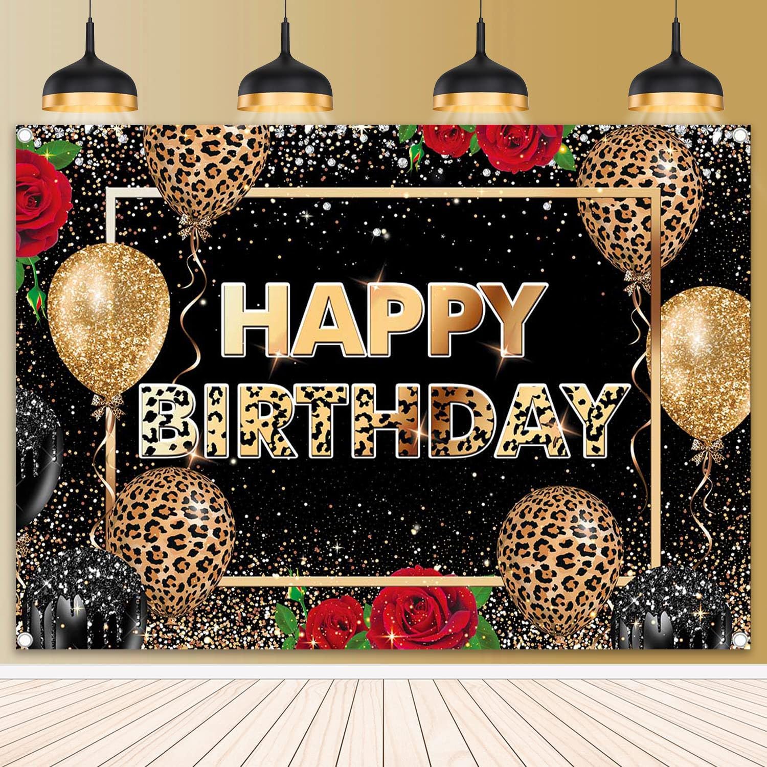 Leopard Birthday Backdrop Black Gold Leopard Print Happy Birthday Photography Background Red Rose Adult Party Decorations Banner Photo Props (8x6FT(2.4m x 1.8m))