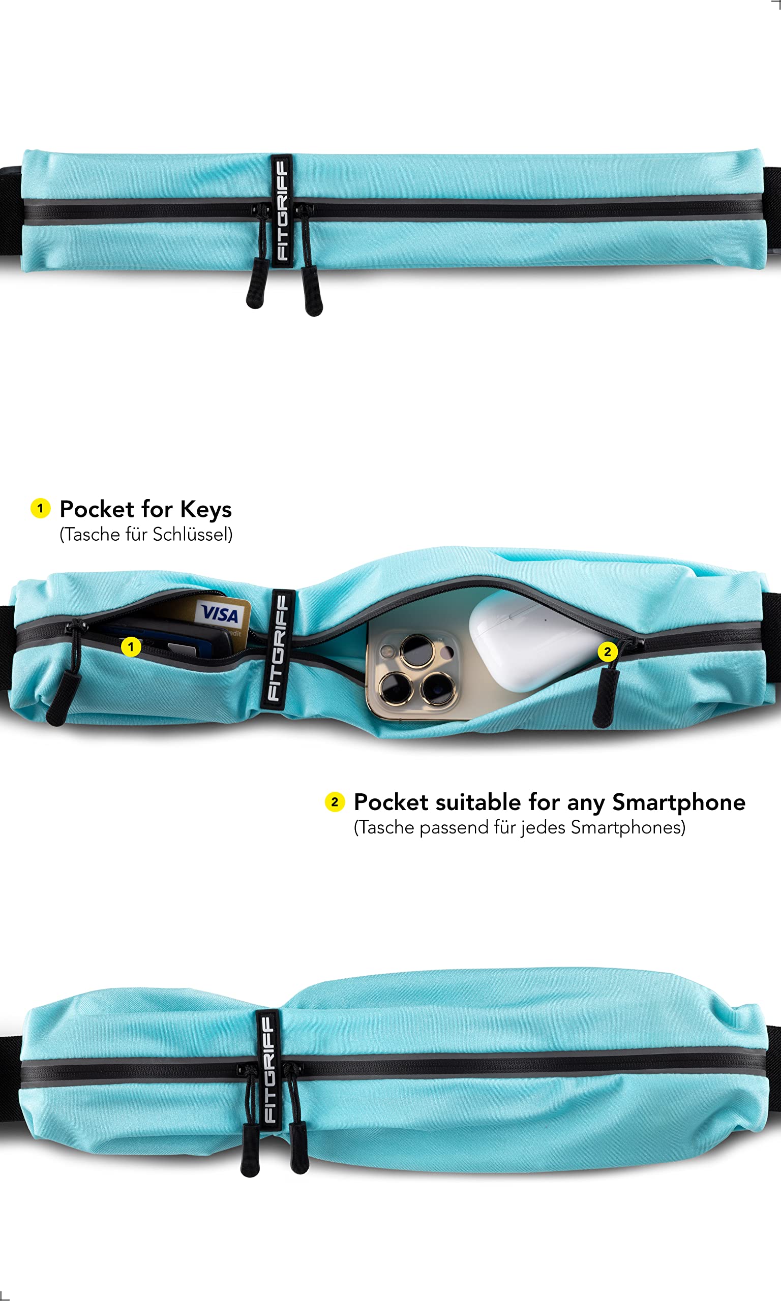 Fitgriff® Marsupio Running - Porta Cellulare Corsa (per Ogni Telefono) per Uomo e Donna - Cintura Jogging per Sportivo, Camminata