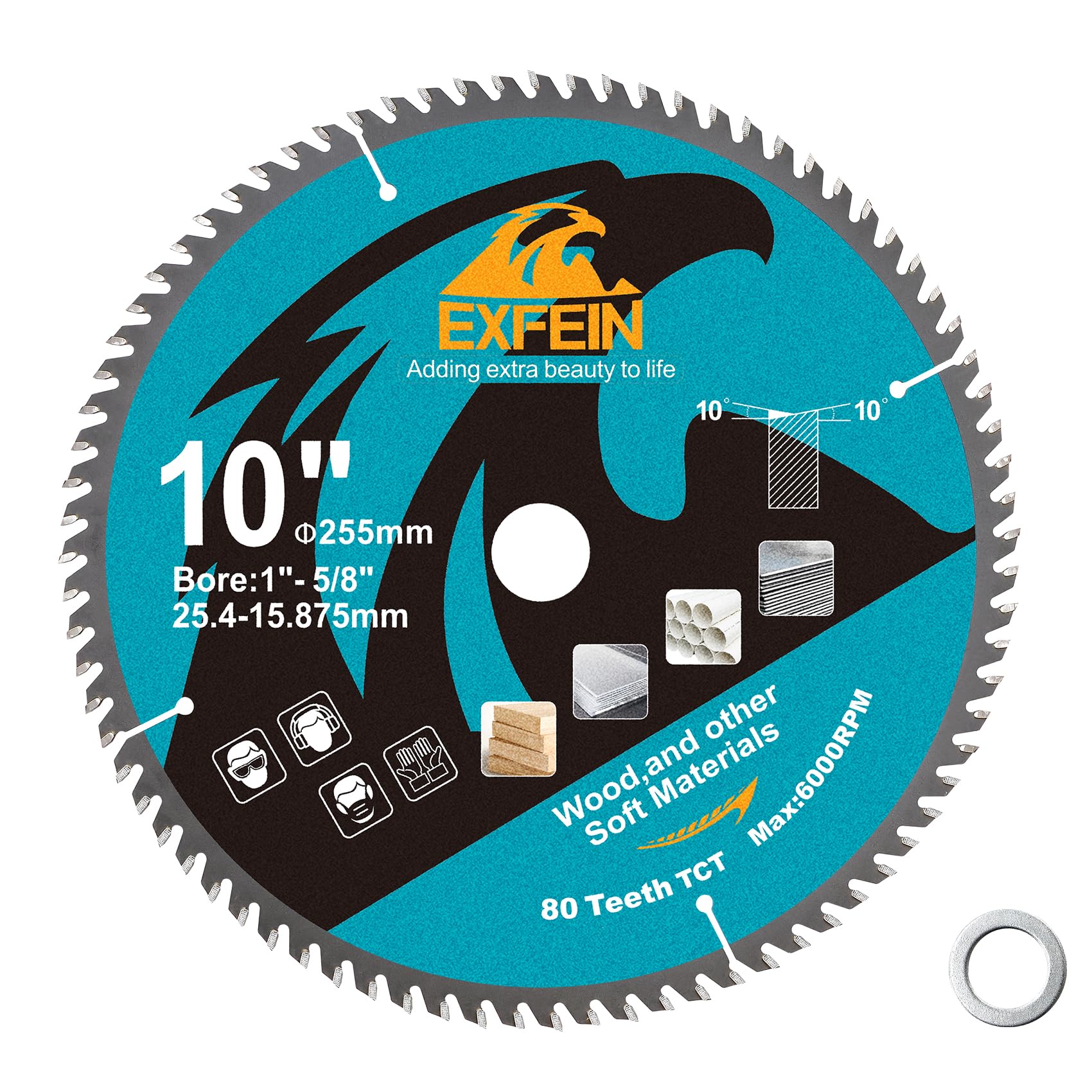 EXFEIN 255mm Wood Cutting Disc, 80 Teeth ATB TCT Fine Finish Disc with 25.4mm Bore for Wood Plastic, Silver, 255mmx25.4mm, 80T