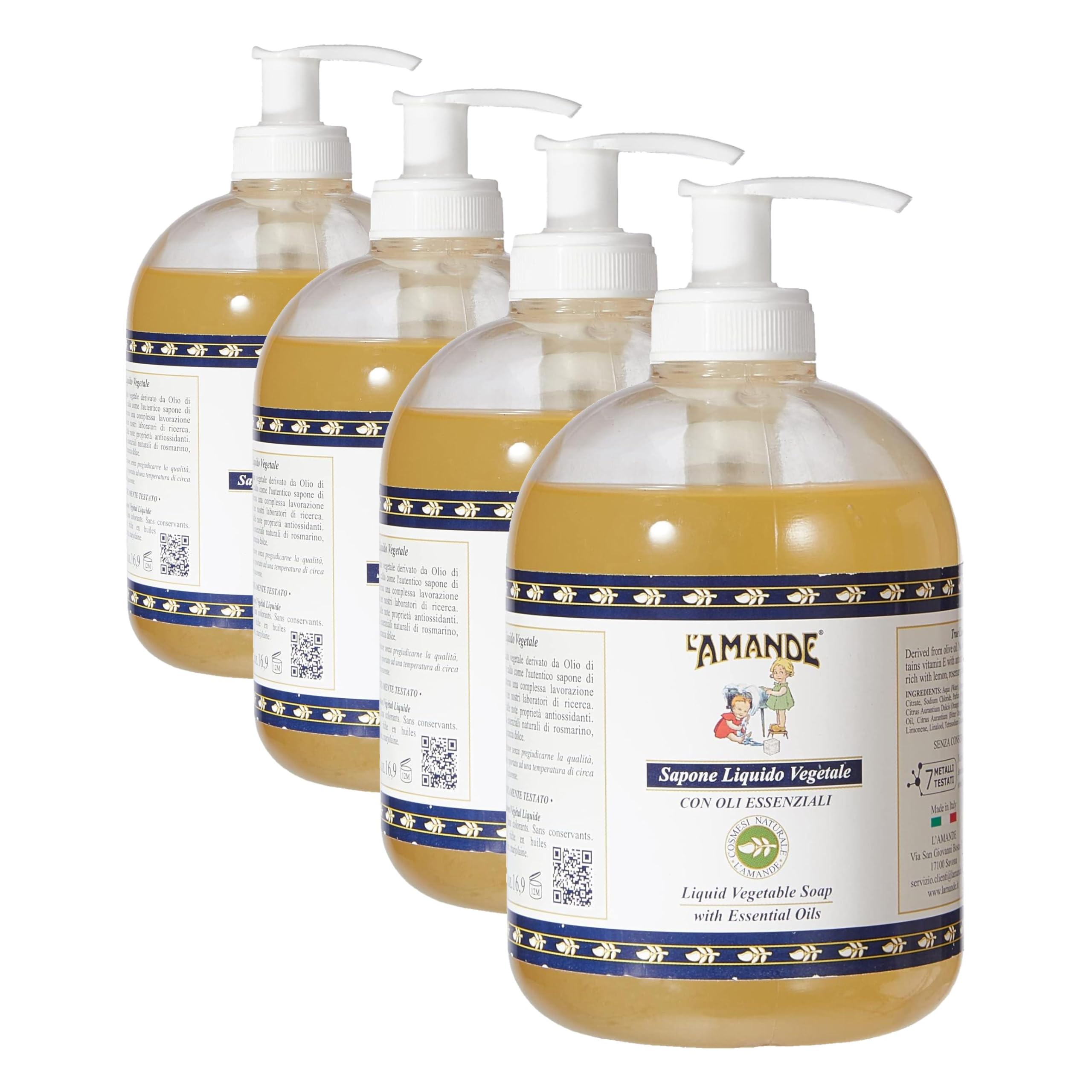L'AMANDE - Sapone Liquido Mani e Corpo Vegetale Derivato dall'Olio di Oliva, Bagnoschiuma Gel Detergente Nutriente con Vitamina E - Docciaschiuma Naturale con Olio Essenziale, 500 ml (Confezione da 4)