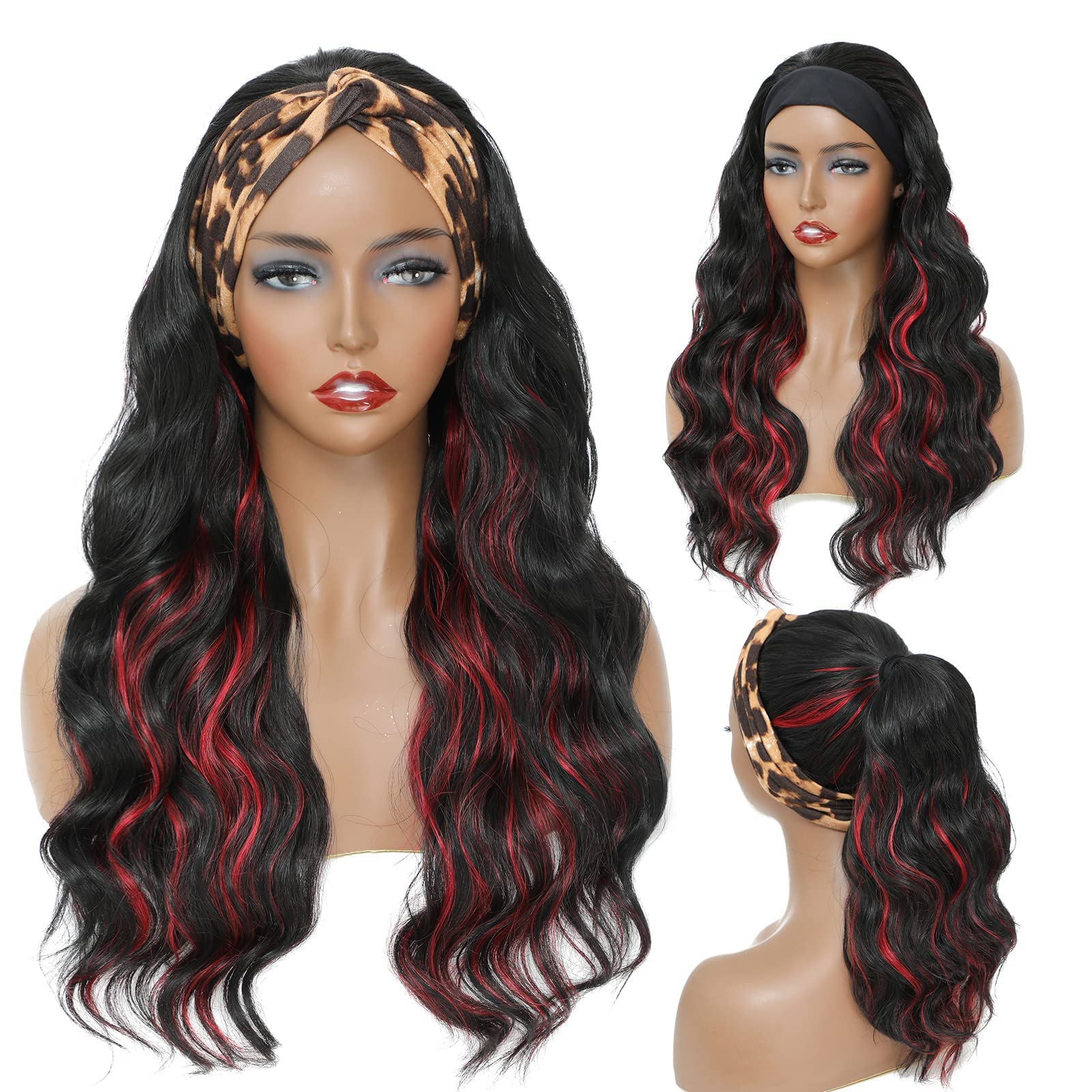 MarchQueenLong Wavy Headband Wigs for Black Women 24 Inch Black Headband Wig with Red Highlights Loose Body Wave Synthetic Wigs for Women and Girls Daily Party Wear (Black Mix Red)
