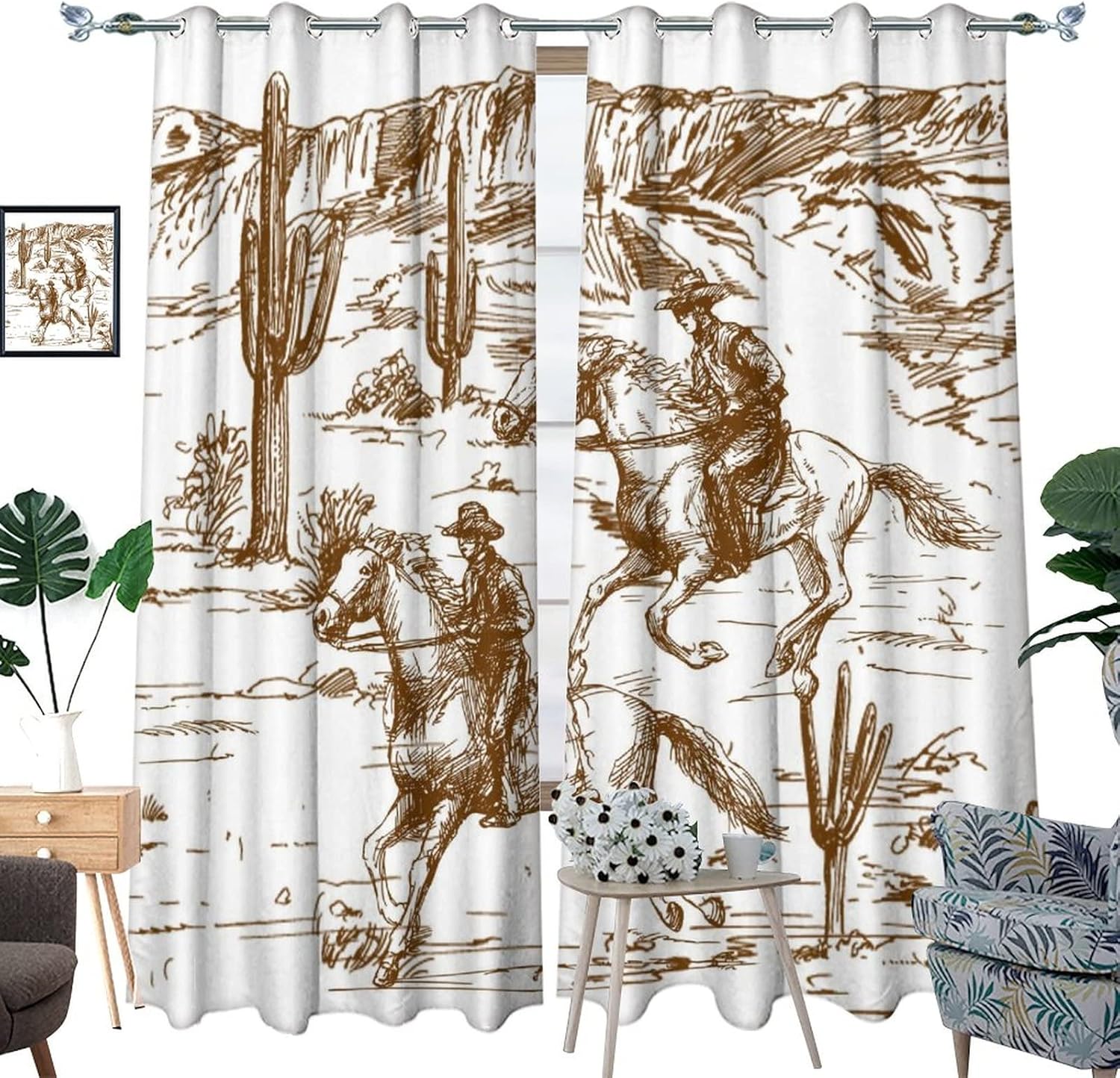 Retro Western Cowboy Blackout Curtains for Bedroom,Farmhouse American Wild West Cowboy Riding Horse Room Darkening Window Curtains with Grommets - 2 Panels 63L x 21W
