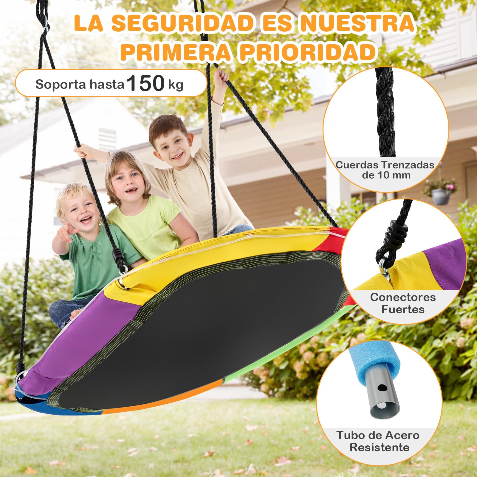 COSTWAY Columpio Nido con Luces LED, 150cm, Cuerdas Ajustables 100-180cm, Estructura de Acero, Columpio Jardin Exterior Niños y Adultos, Carga 150kg, Colorido