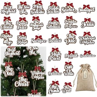 27 Pcs Large Christmas Names of Jesus Ornaments Wooden Christian Name of Jesus Advent Calendar Ornaments with Burlap Bag for Christmas Tree Holiday Church Home Decor