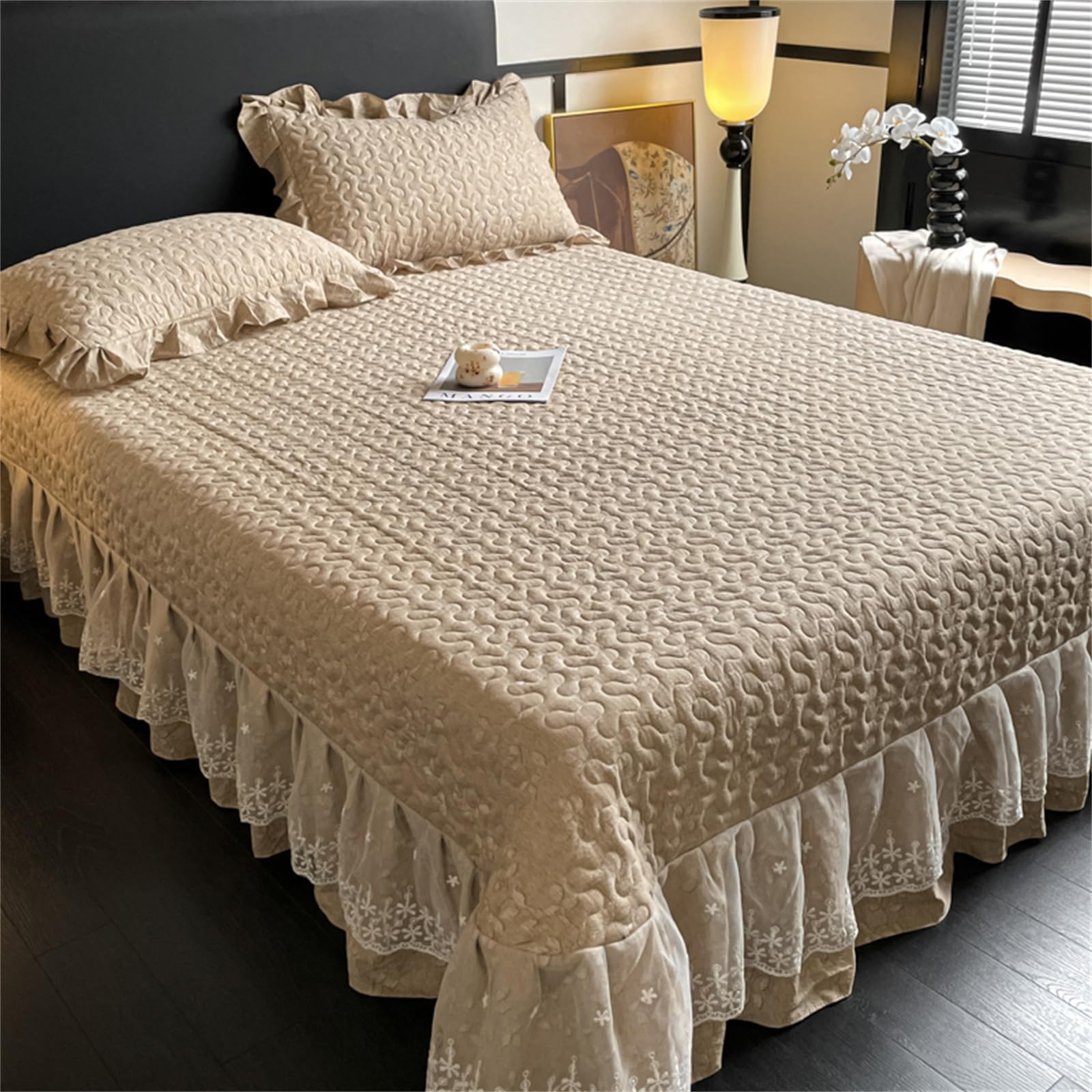 Highdi Planta Floral Colcha Acolchada Individual/Doble/King, Colcha Cama Patchwork con Ribete Volante Manta Sofa, Manta Cama Reversible Diseño Cama para Alle Jahreszeiten (Marrón Claro,250x270cm)