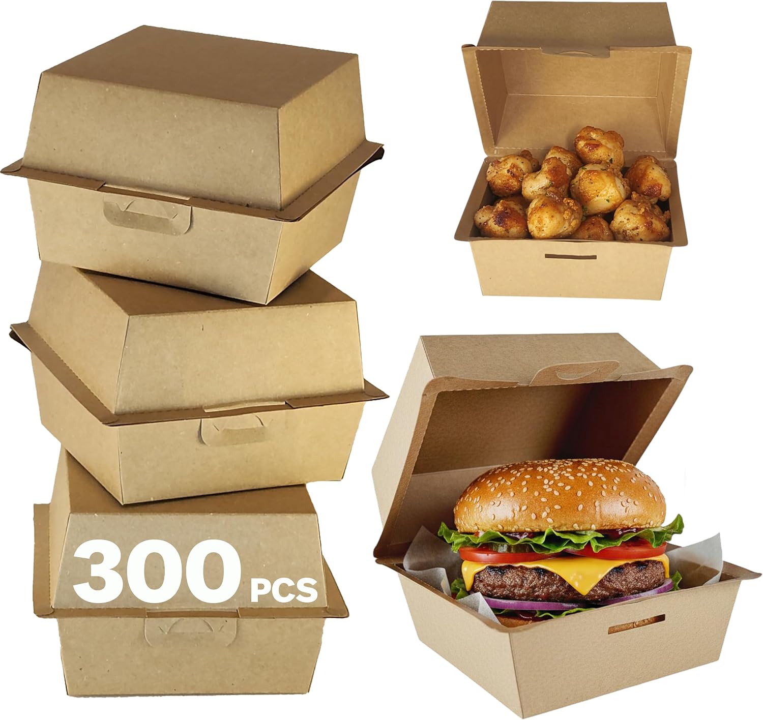 300count, Hamburger box, Take out paper containers (4.13"x 4.13" x H3.54), K-pack korea, burger box, to go lids, clamshell cardboard box