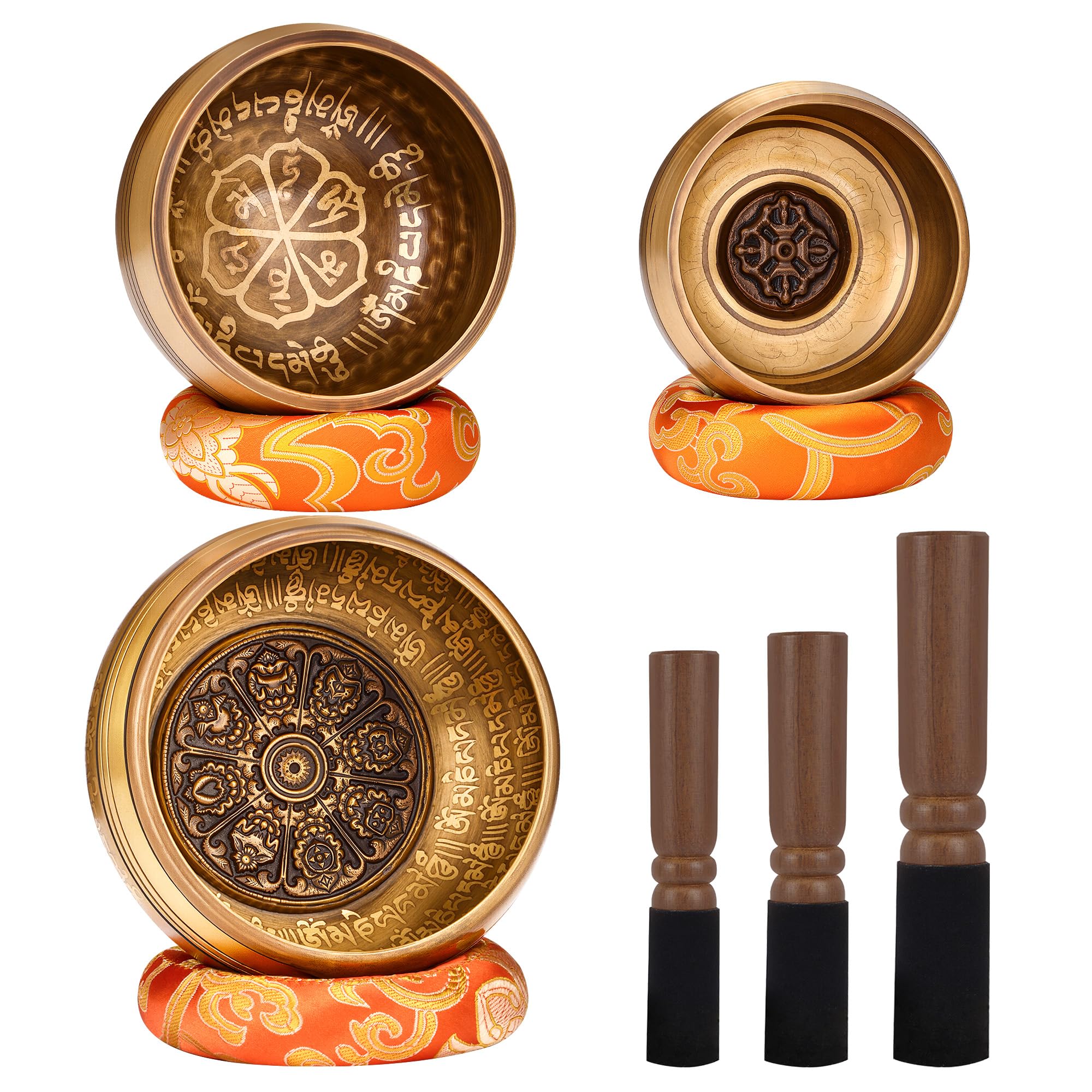 3.15In, 3.54In, 4.33In, 3Pcs Tibetan Singing Bowl Set – Handmade in Nepal for Meditation, Yoga, Relaxation and Stress Relief, Sound Bath