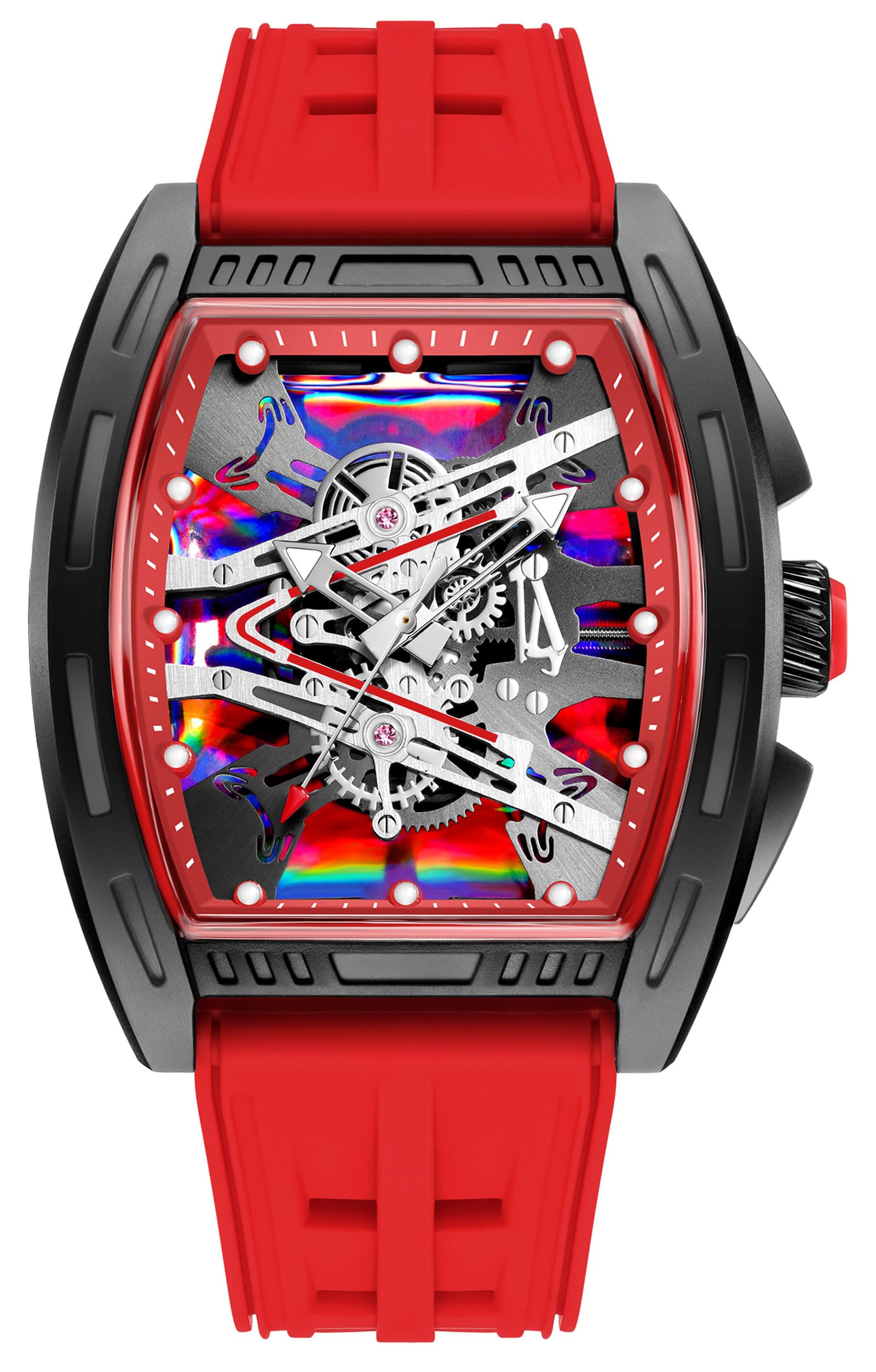 findtime Herren Armbanduhr Tonneau Ausgehöhlte Design Analoge Quarz Uhren Mechanische Uhr Großes Buntes Zifferblatt 5ATM Wasserdicht Leuchtend Militäruhren Leicht Silikon Armband Schwarz