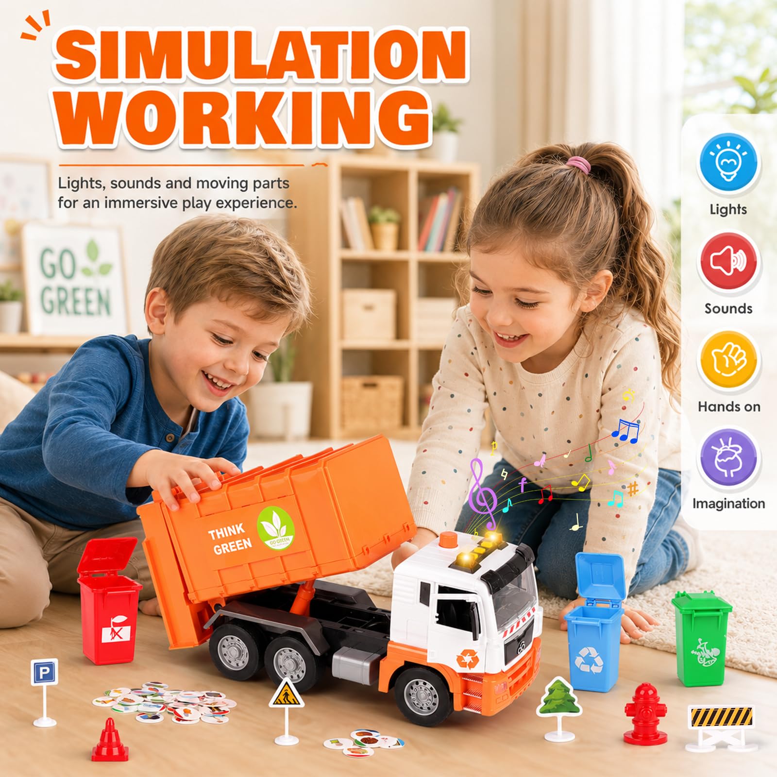 BunnyJOY Müllauto Spielzeug ab 3 4 5 6 Jahre Junge, Große Müllwagen Spielzeug mit Mülltonnen, Spielzeugautos Fahrzeuge, Geschenk Lernspielzeug für Kinder, Orange