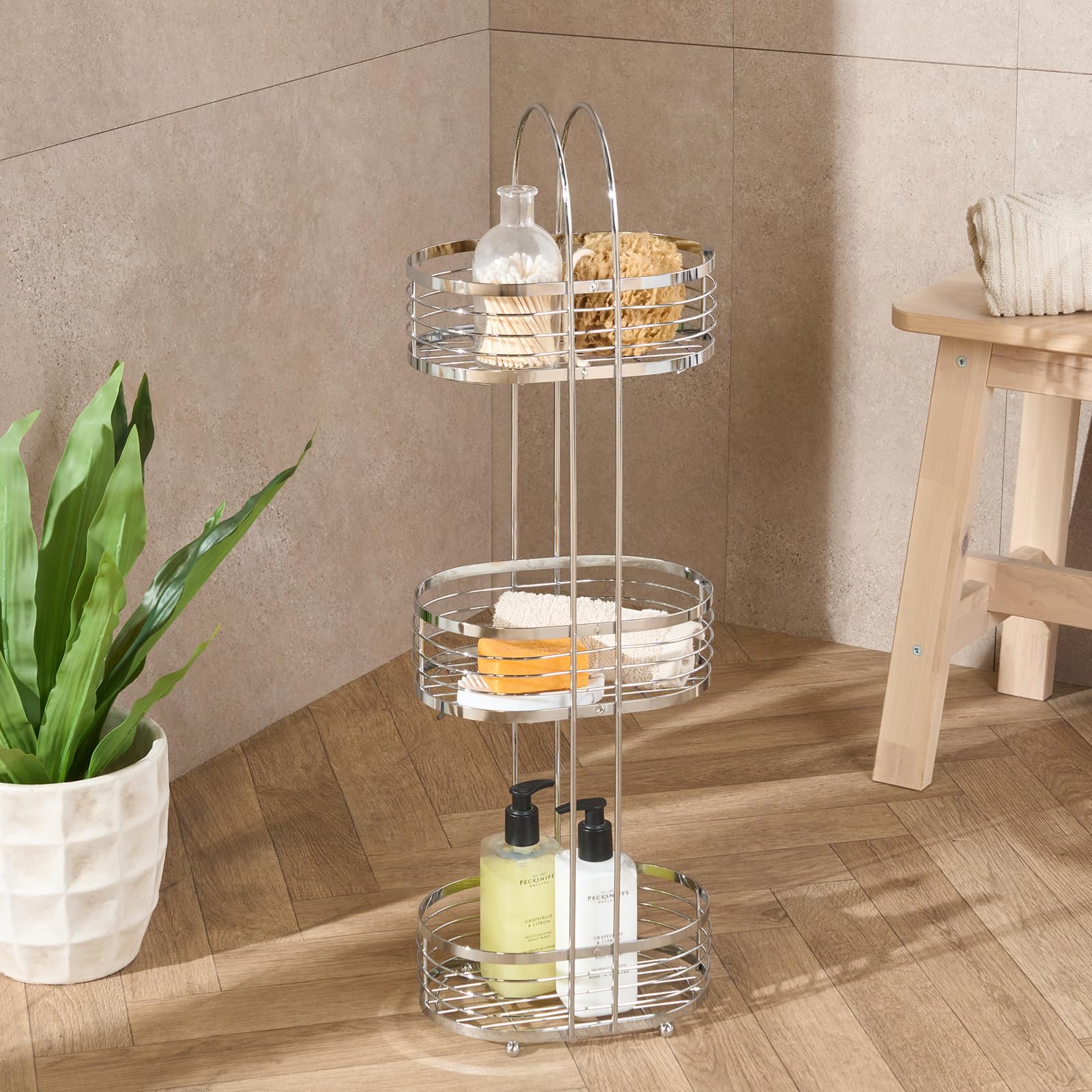 Ohs Silver 3 Tier Shower Caddy Free Standing, Stainless Steel Tall Floor Bathroom Caddy Corner Shower Shelves Storage Organiser Rustproof Bathroom Accessories Display Shelves,