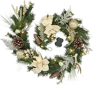 GarveeHome Christmas Garland with Lights for Mantle 6ft, Lighted Outdoor Xmas Garland with 20 Battery Operated LED Gold Balls Pine Cones Antlers for Fireplace Front Door Stair Railing Window Decor
